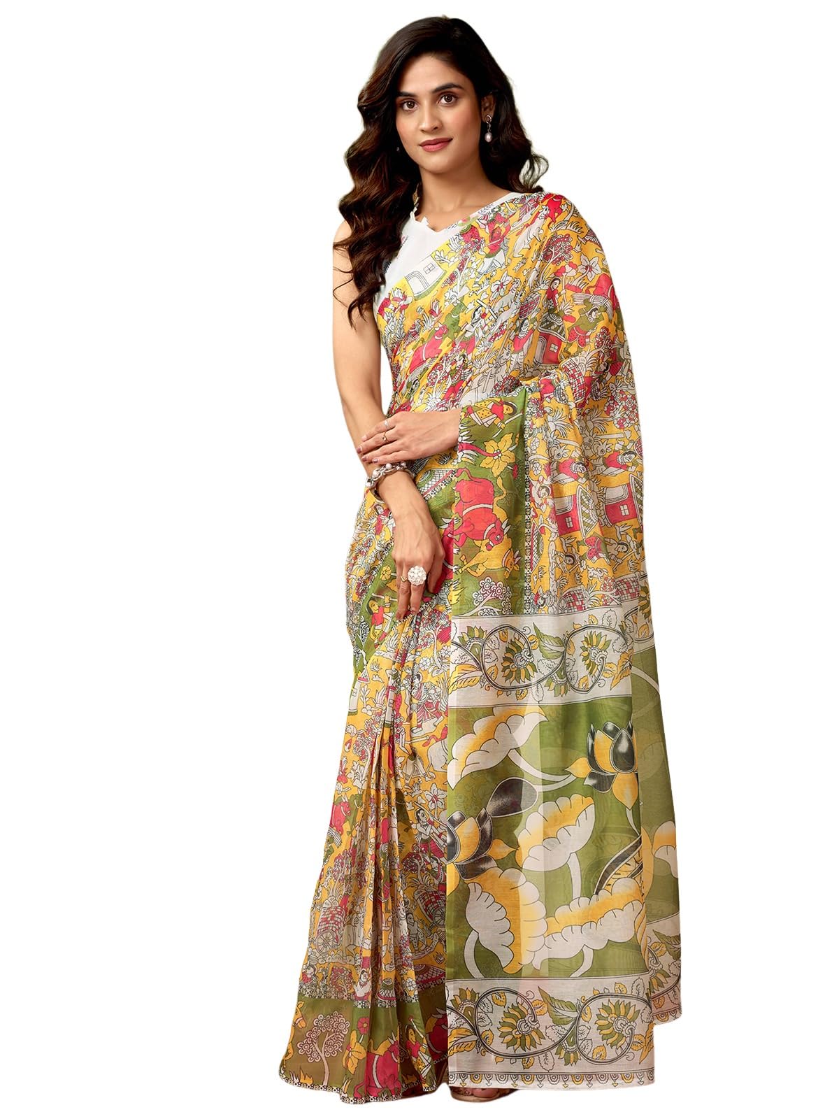Satrani Women's Chanderi Cotton Madhubani Printed Ready To Wear One Minute Pre Pleated Readymade Saree With Unstitched Blouse Piece (32Rs305N_Yellow & Green)
