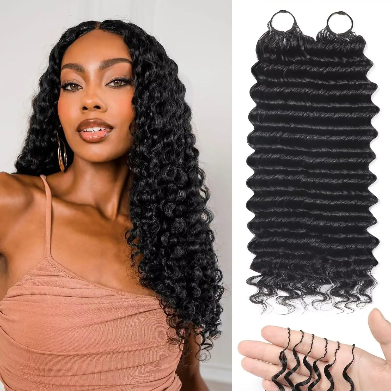Deep Wave Feather Human Crochet Hair for Black Women 160g Pre-Separated Looped Invisble Curly Bundles Human Hair Reusable Wet and Wavy Remy Hair Extensions 22Inch