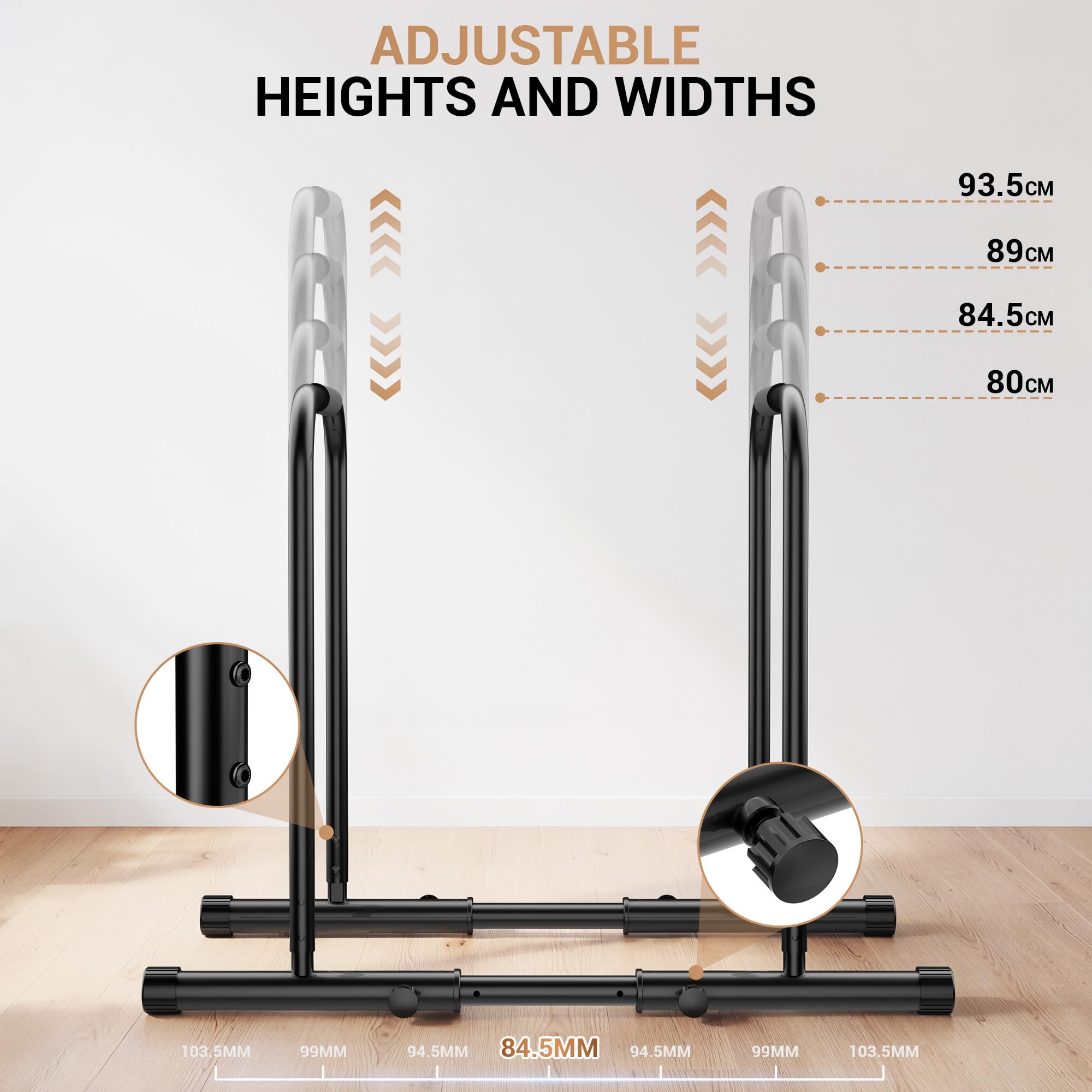 Barras Paralelas Ajustables para Fondos, Barras de Calistenia, Estación de Entrenamiento y Musculación para Casa, Altura 80,5-94 cm, Ancho 85-103 cm, Capacidad de Carga 249 kg