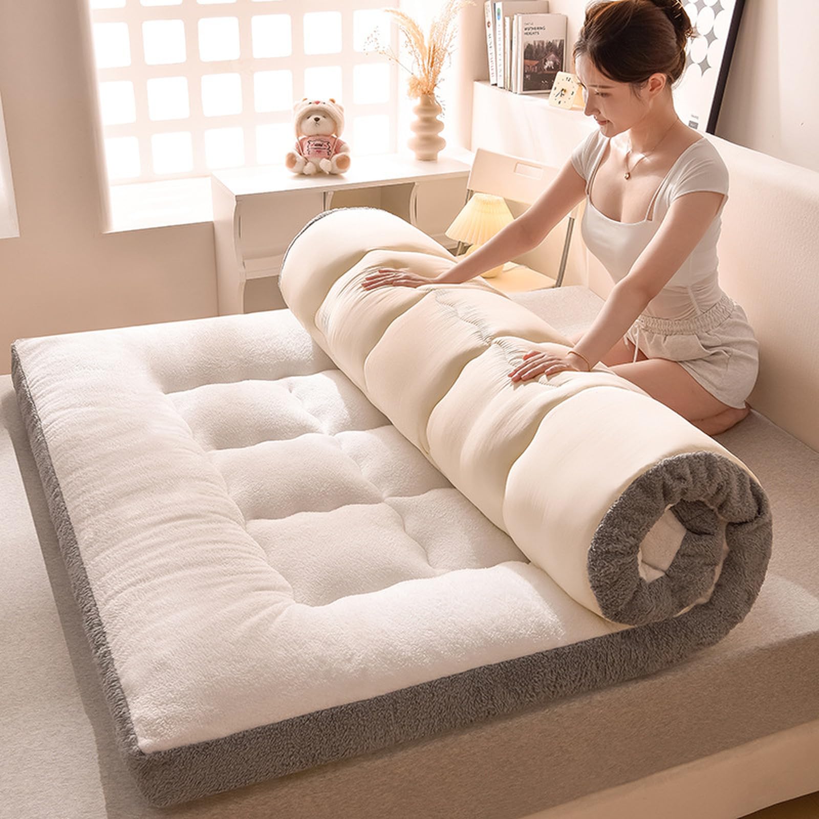 Luxury Mattress Topper Portable Folding Mattress, Winter Thickened Warm Sherpa Mattress Pad Roll Up Tatami Mattress(150x200cm(59x79inch), White)