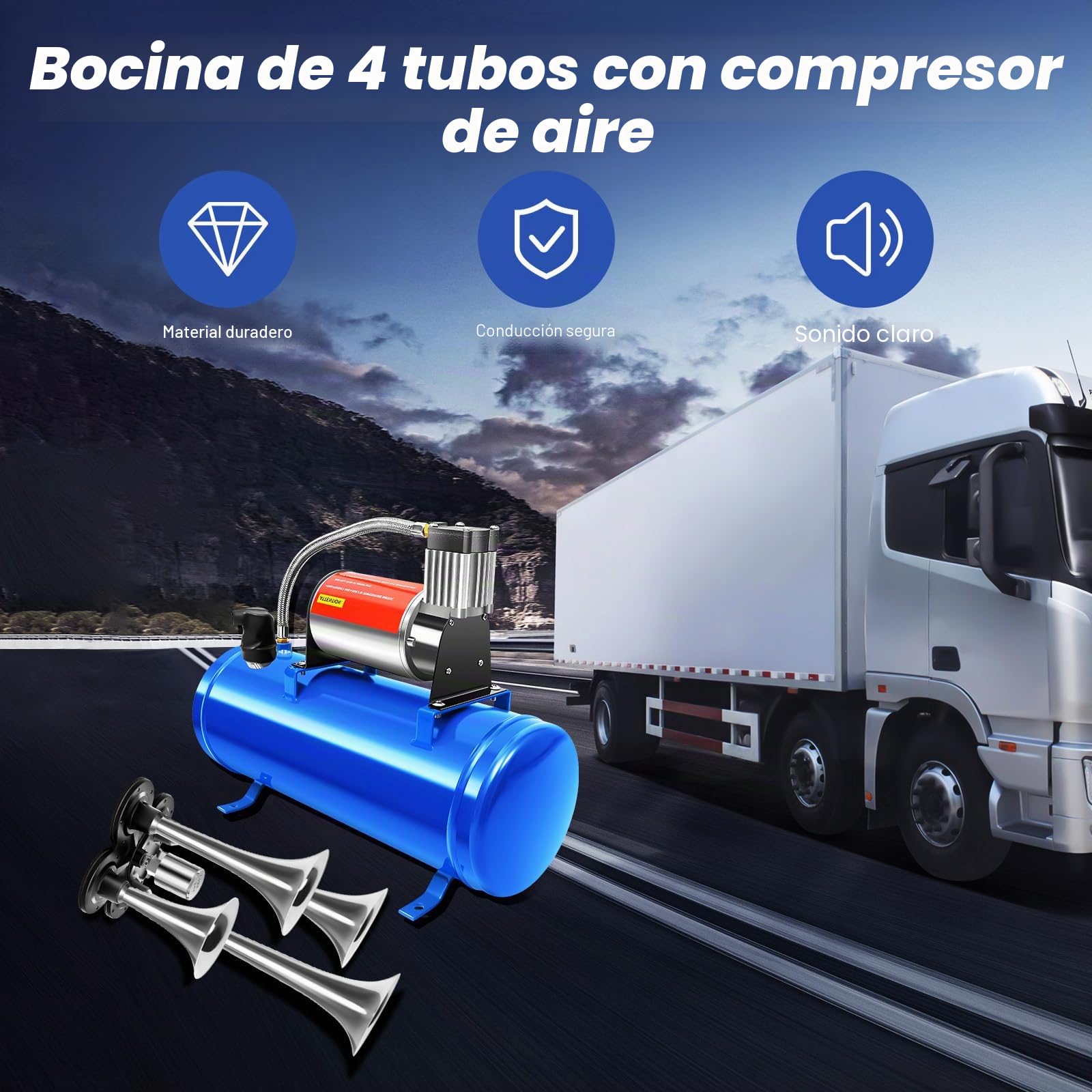 Compresor de aire comprimido de 12 V, compresor de aire con bocina de 4 tubos y canales de aire, compresor de aire para coche, bicicleta, motor de coche, depósito de 6L, 150 psi, 23 A