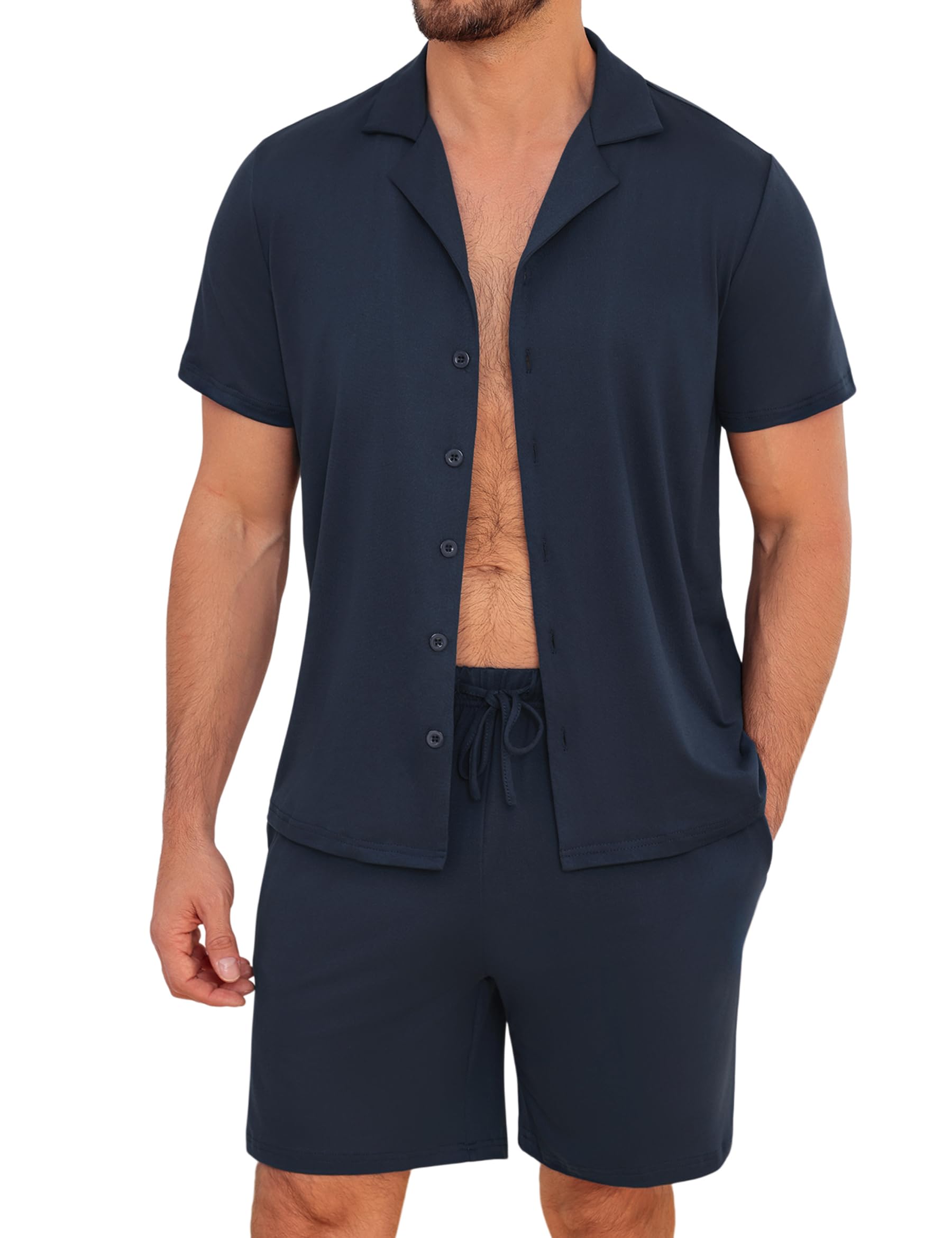 Marvmys Herren Schlafanzug Kurz Sommer Baumwolle Kurzarm Pyjama Herren Zweiteiler mit Reverskragen Knopfleiste Elastischem Bund und Taschen