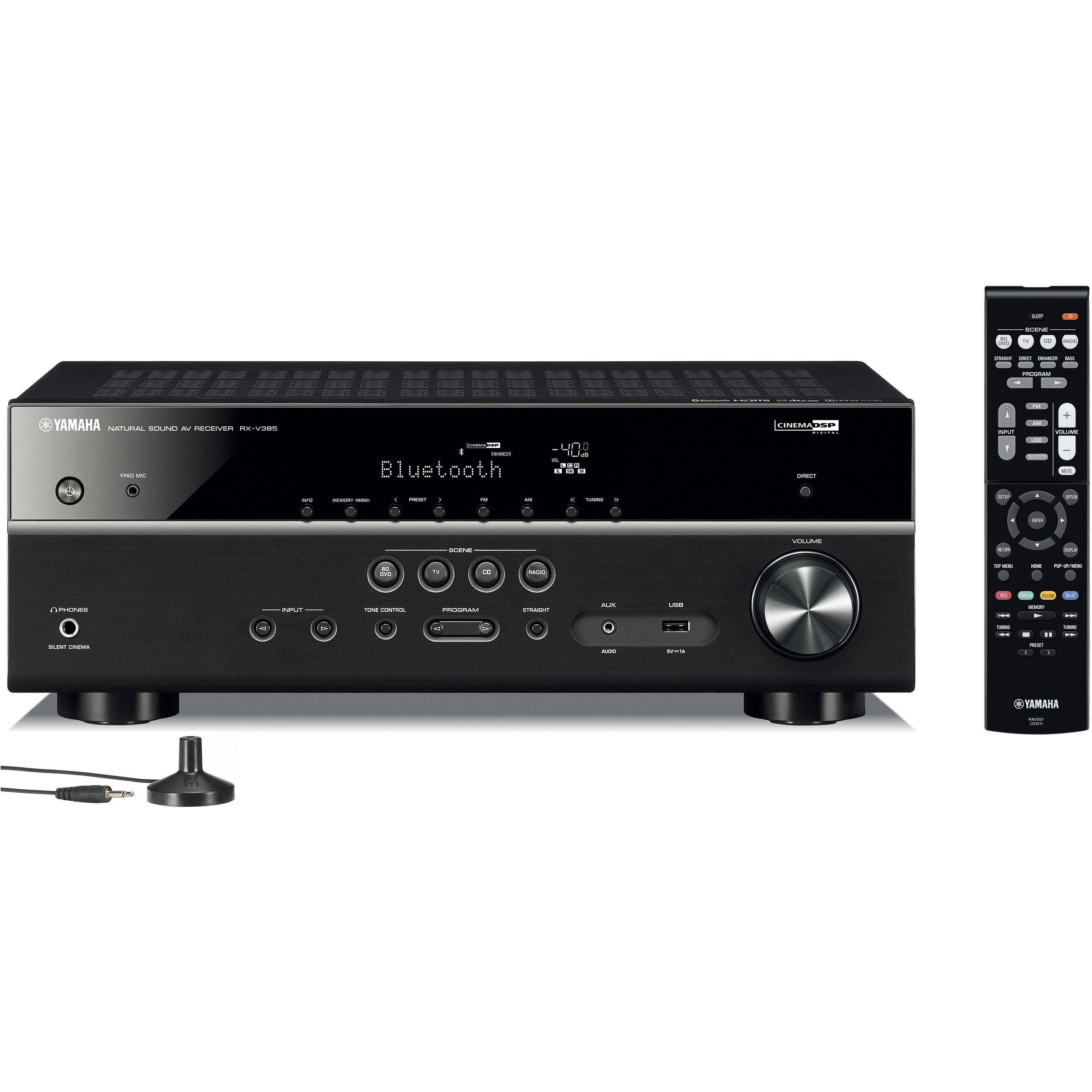 Yamaha RX-V385 5.1-Channel Surround Sound 4K Ultra HD AV Receiver with Bluetooth Home Theater System Bundle with Accessories