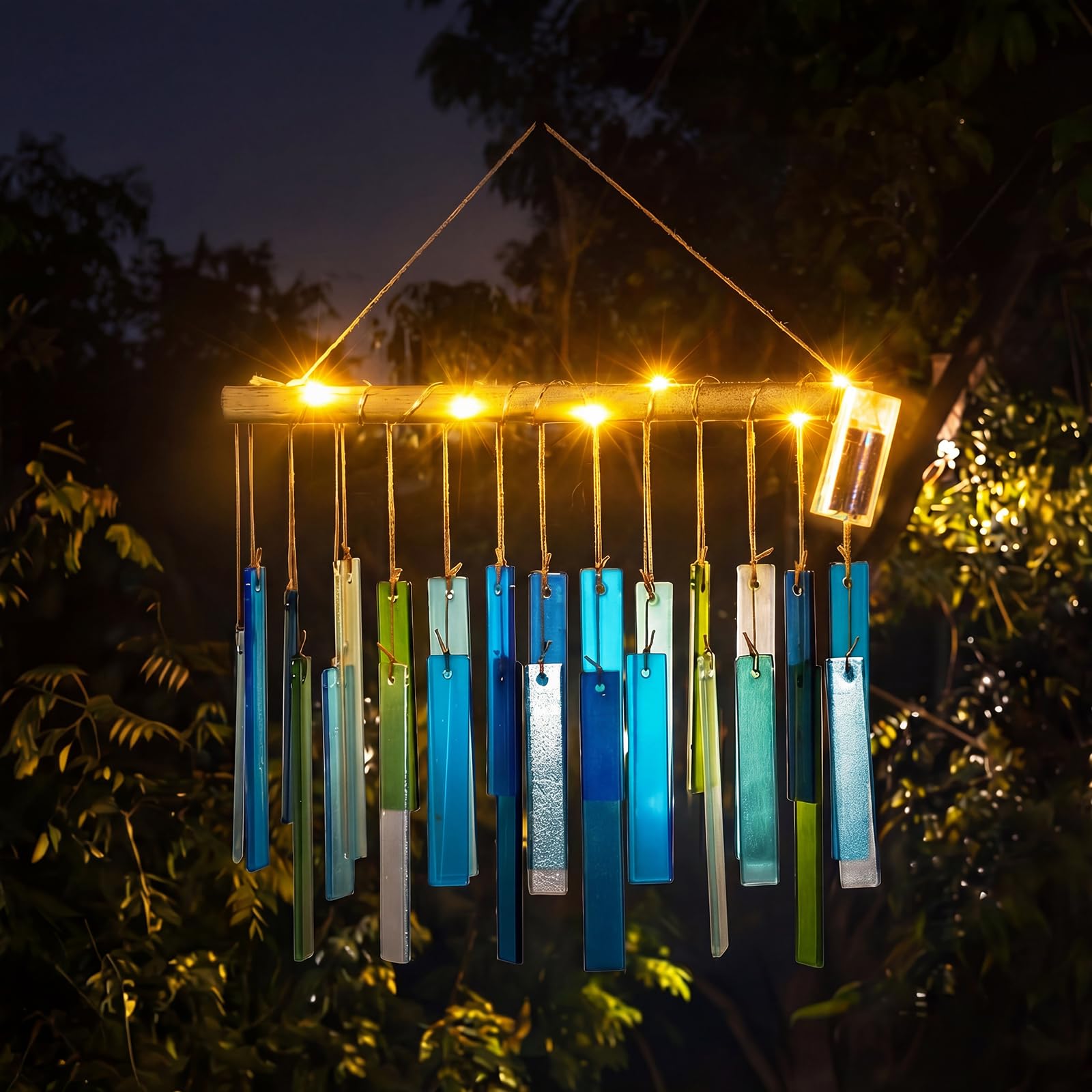 Junkin Carillon en bois flotté bleu avec lumières de 42 cm pour l'extérieur fabriqué à la main - Décoration côtière pour la plage, les vacances, l'été, les femmes
