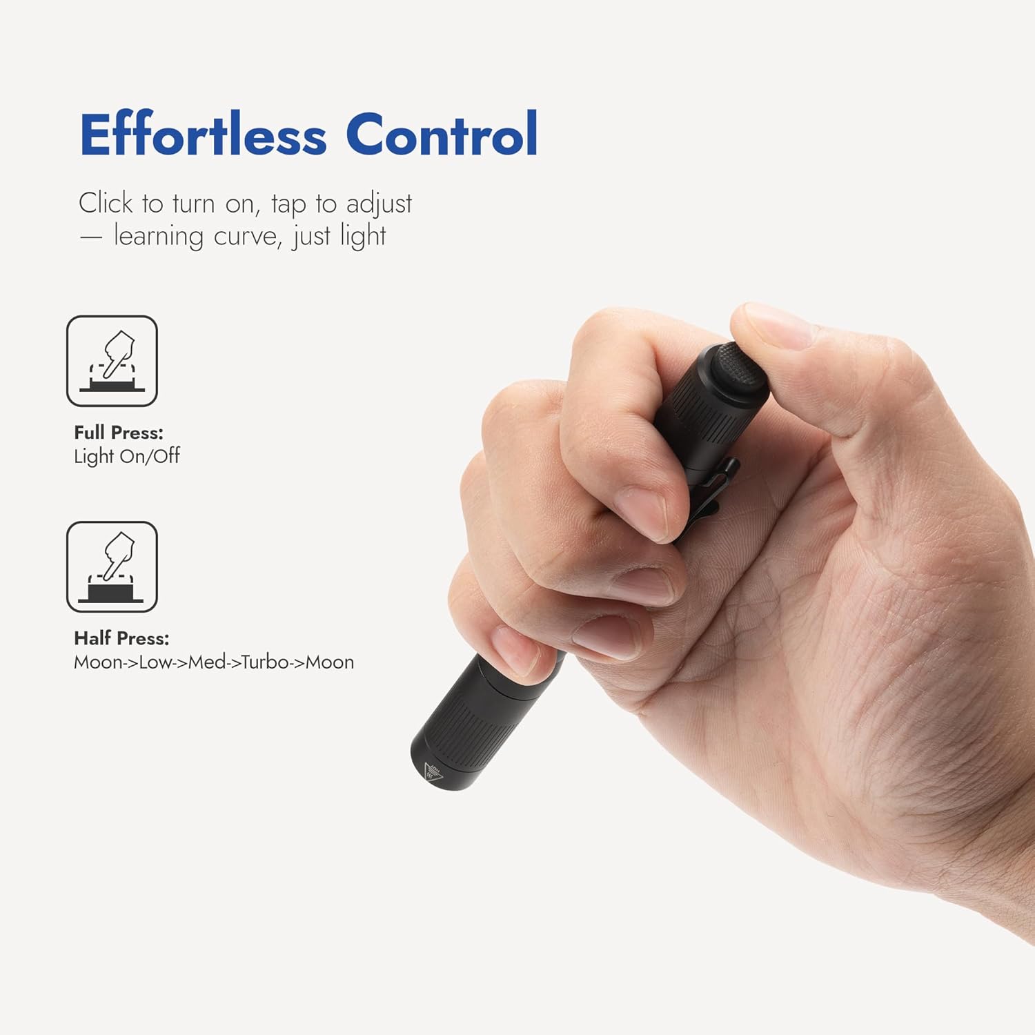 Linterna WUBEN PL01 que muestra un control sin esfuerzo con pulsaciones completas y medias