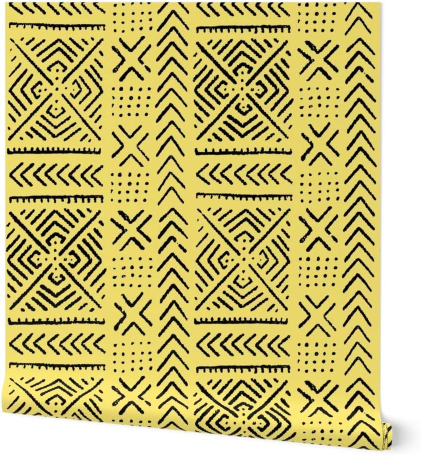 Peel & Stick Wallpaper 3ft x 2ft - Line Mud Cloth Yellow Large Africa African Tribal Afrocentric Custom Removable Wallpaper by Spoonflower