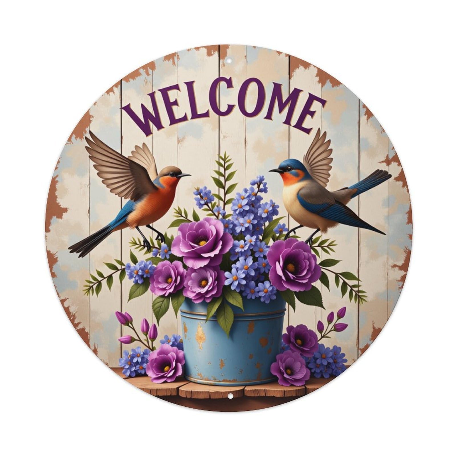Welcome Birds Flowers Bucket Wood Round Tin Sign Retro Metal Sign for Cafe Bar Pub Home Game Room Gym Club Wall Decoration Vintage Metal Poster 8x8 Inch