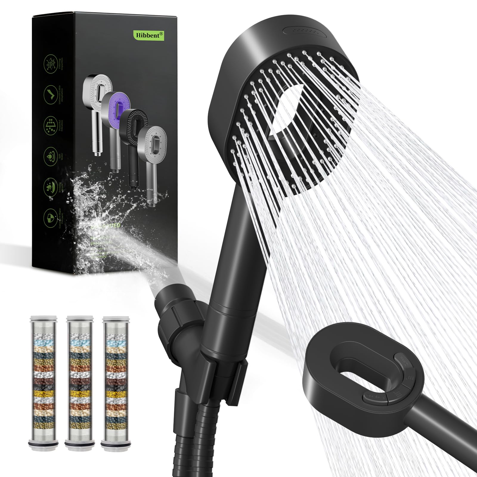 Hibbent Filtered Showerhead with Handheld, High Pressure 5 Sprays Shower Head, Anti-Clog Nozzles, Brass Holder & 71" Metal Hose, 3 Water Softener Filter Remove Chlorine, Reduce Dry Itchy Skin, Black