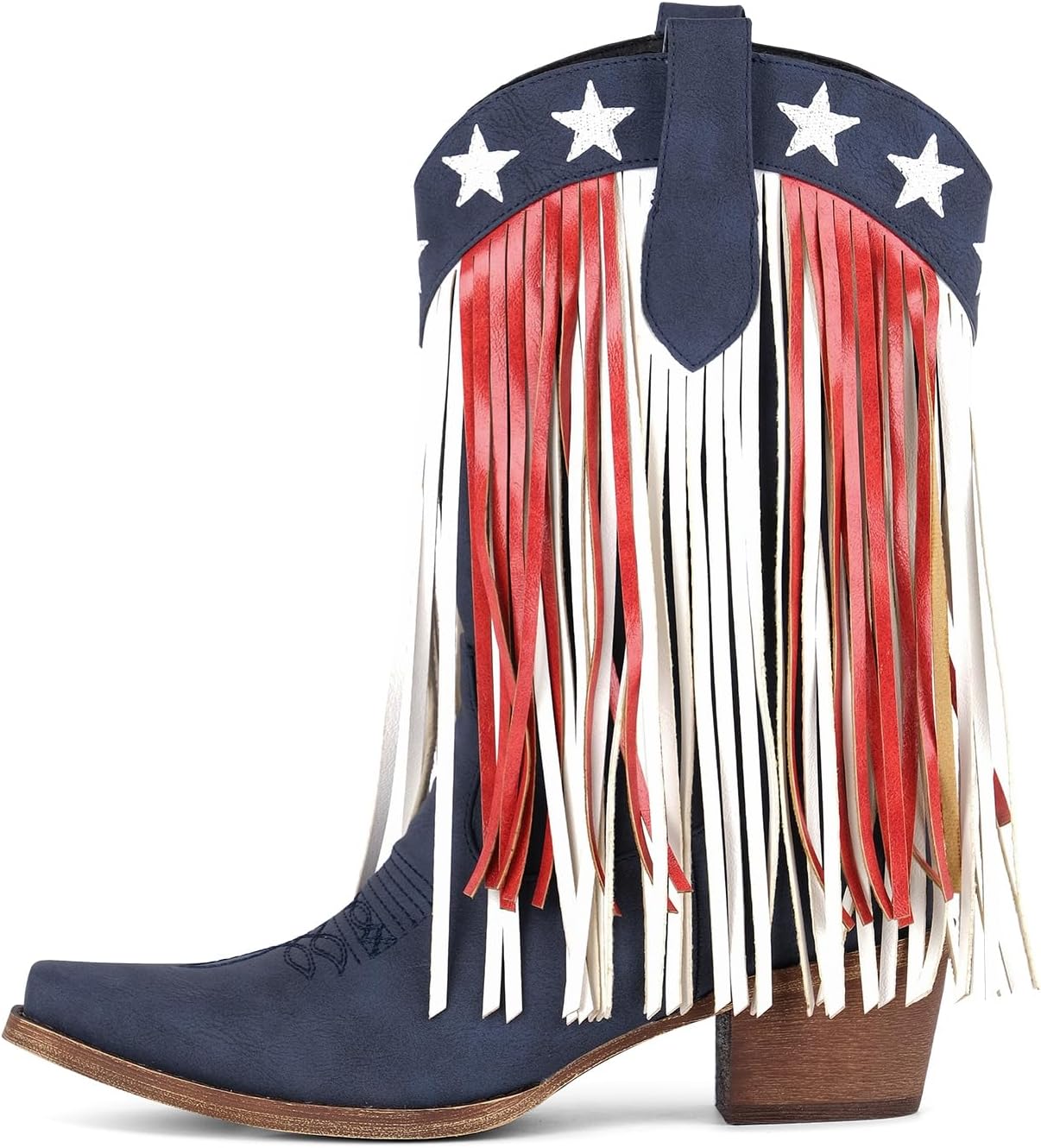 Only maker Women’s Western Cowboy Boots with Fringe – Stars Pattern Mid-Calf Cowgirl Boot with Block Heel and Square Toe