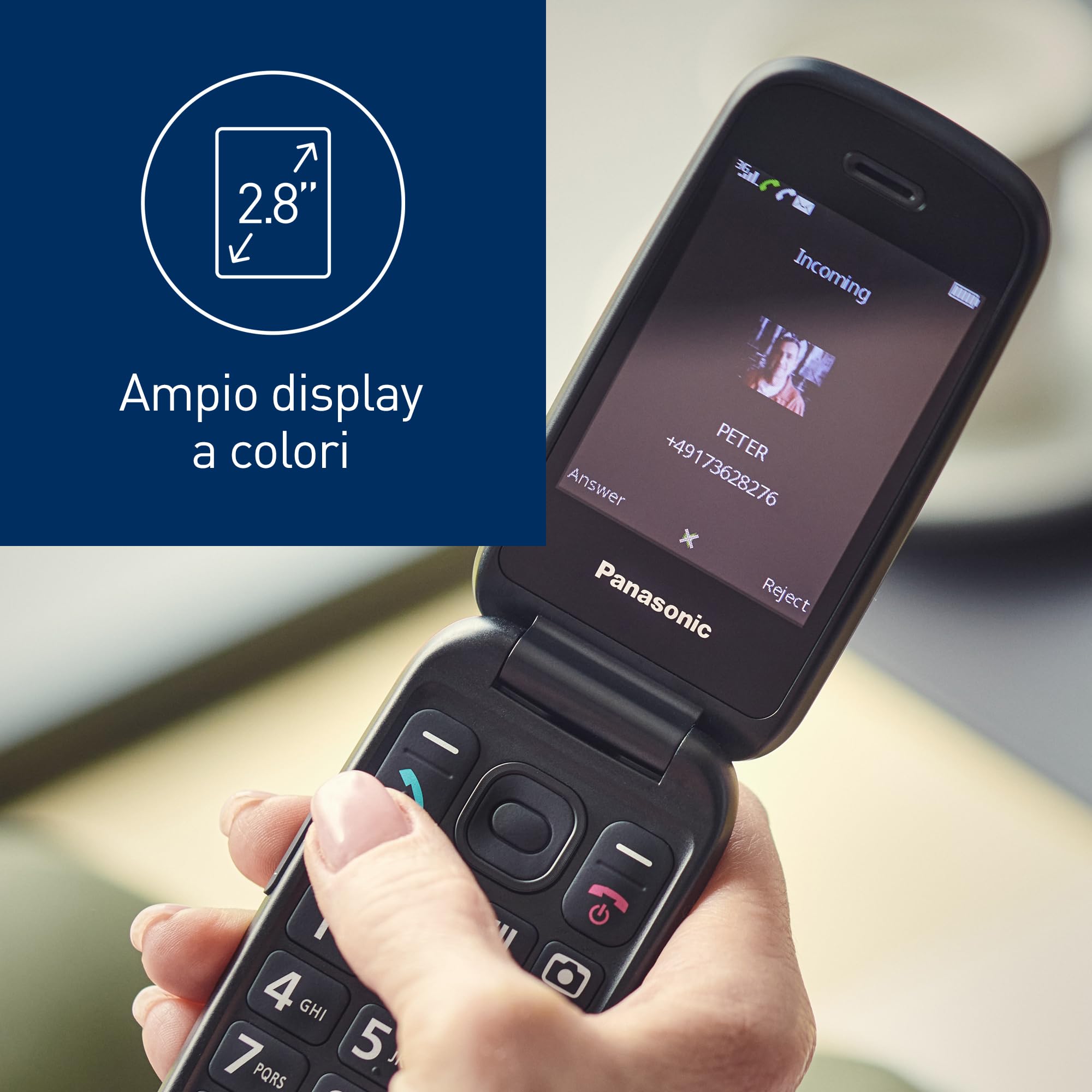 Panasonic KX‑TU550EXC, Cellulare 4G per Anziani, Fotocamera 1,2 MP, telefono per anziani, Display 2,8", caratteri grandi, facile da usare, Standby fino a 290 ore, Blu