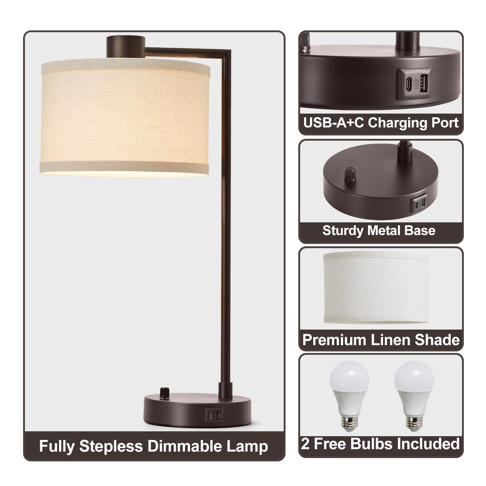 Luvkczc Tischlampe für Schlafzimmer 2er Set mit USB C+A Anschlüssen - Voll Stufenlos Dimmbar Nachttischlampe mit Leinenlampenschirm - Moderne Lampe für Wohnzimmer Lesen Büro 2 Glühbirnen enthalten