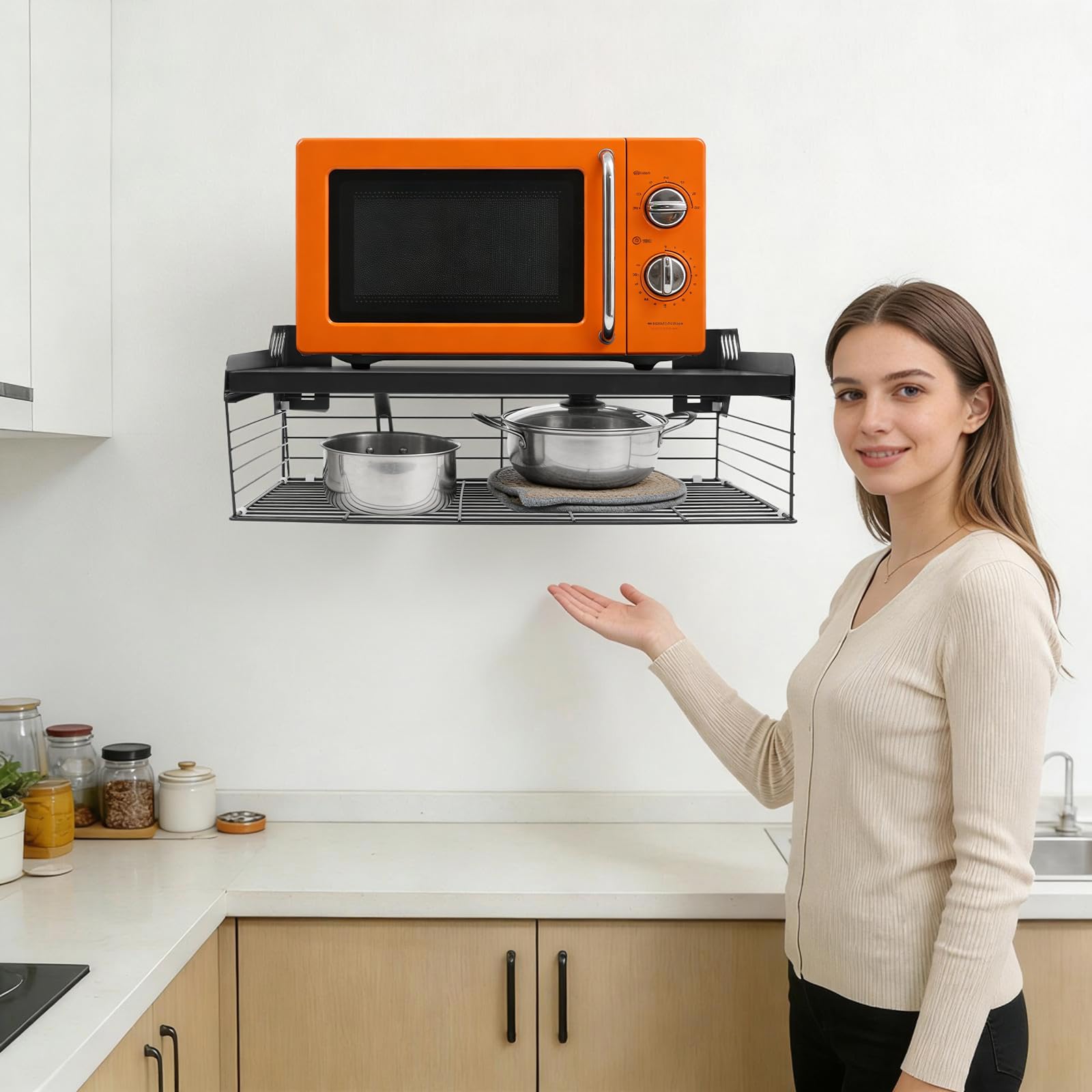 Mikrowellenregal Wandmontage ohne Bohren, 55x35x20cm Kohlenstoffstahl Küchenregal mit 33 lbs Tragfähigkeit, schwarzes Wandregal für Mikrowelle, Toaster, Backzubehör – bohrfreie Montage