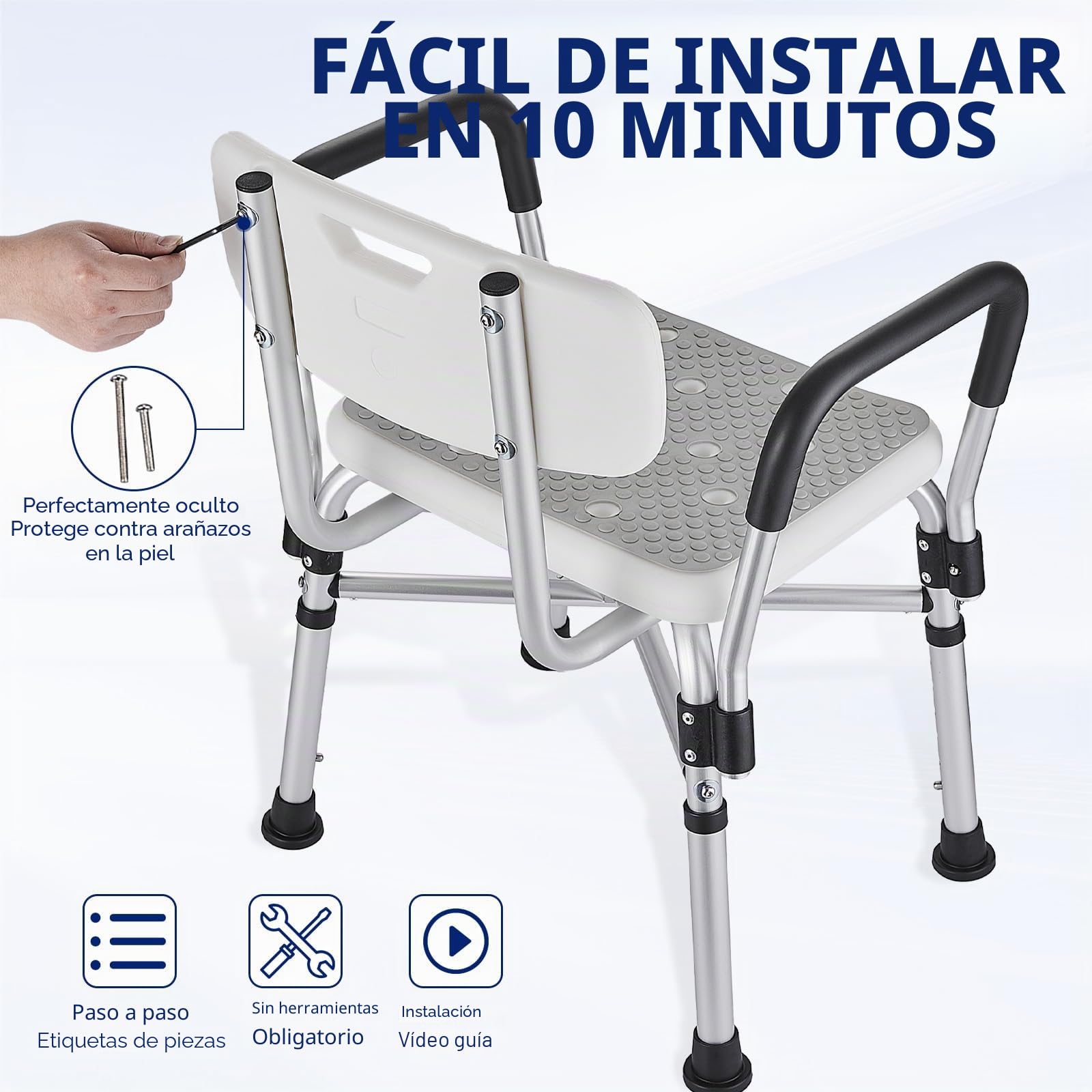 Silla de Ducha para Ducha con Brazos y Respaldo,Pesado Taburete de Ducha, 6 Altura Ajustable,Antideslizante, Silla Ducha para Personas Mayores y Discapacitadas Gris 180kg