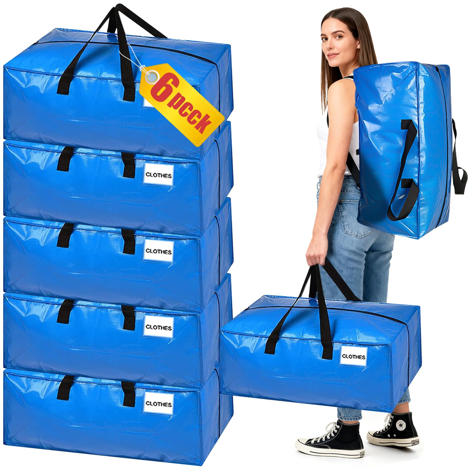 Moving Boxes 6 Pack,95L Extra Large Moving Bags,Storage Bags with Backpack Straps,Zippers &Handles,Boxes for Moving House,Waterproof Moving Totes for Clothes Bedding Duvet Storage,Blue — image 1