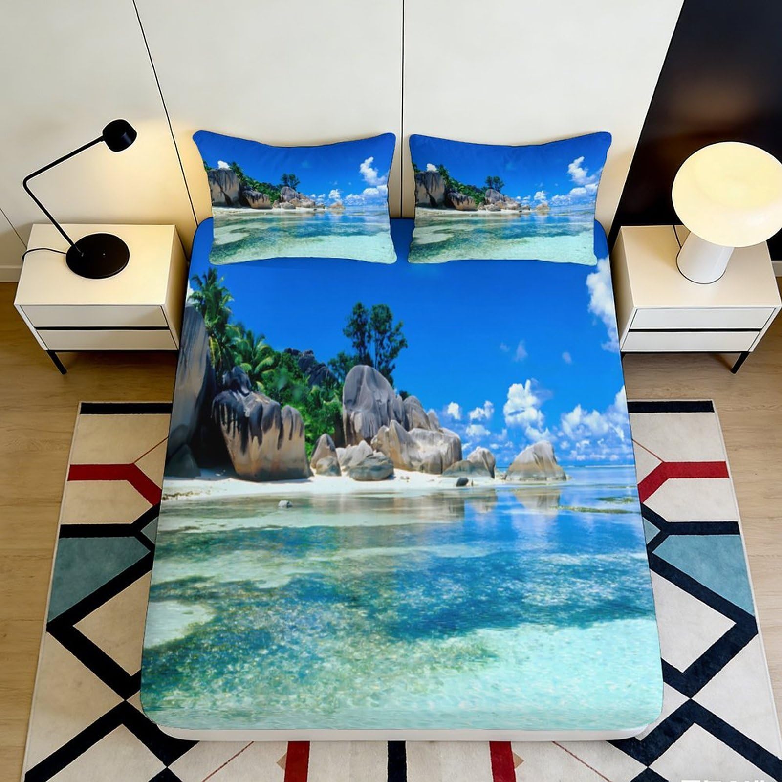 3D Printed Island Scenery Fitted Sheet Microfiber Deep Pocket All Wrap Bedding Set Beach Mattress Fitted Cover Non-Slip Washable for Bedroom 140x200x25cm