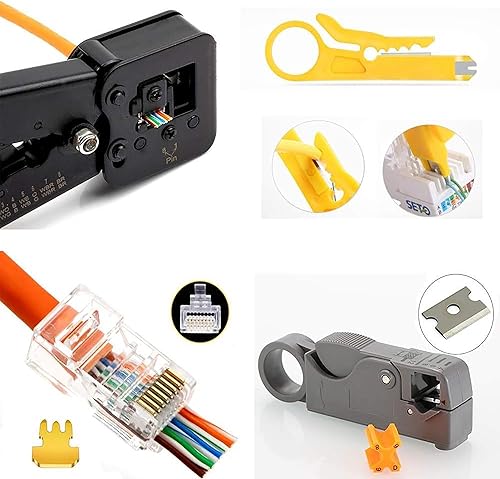Miniatura 6 de Kit de herramientas de crimpado RJ45, kit de crimpadora Ethernet para Cat5 Cat5e Cat6, herramienta de crimpado RJ45 con 50 conectores, 50 cubiertas,