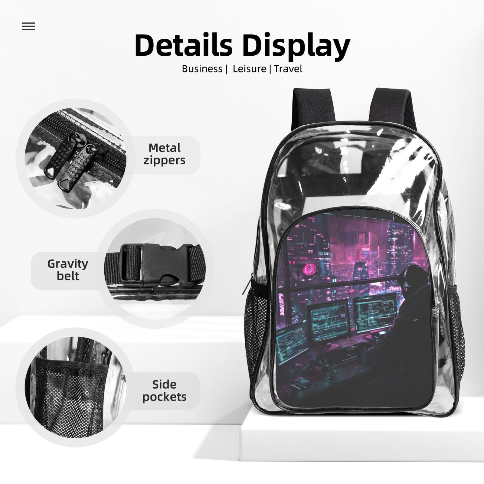 Hacker Era Print 3-teiliges transparentes Rucksack-Set für Reisen, Outdoor-Abenteuer, Urlaub, transparente Tasche