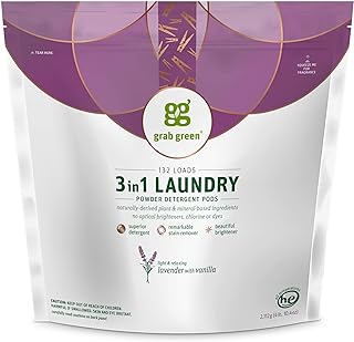 Grab Green 3-in-1 Laundry Detergent Pods, 132 Count, Lavender Vanilla Scent, Plant and Mineral Based, Superior Cleaning Power, Stain Remover, Brightens Clothes