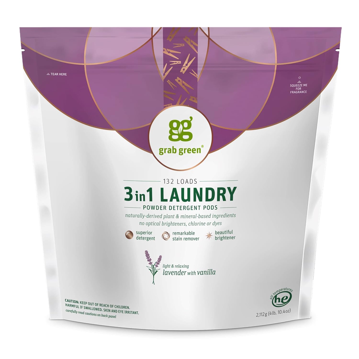 Grab Green 3-in-1 Laundry Detergent Pods 132 Count Lavender Vanilla Scent Plant and Mineral Based Superior Cleaning Power