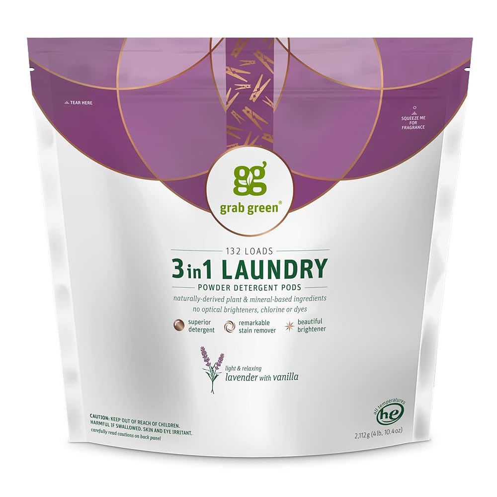 Grab Green 3-in-1 Laundry Detergent Pods, 132 Count, Lavender Vanilla Scent, Plant and Mineral Based, Superior Cleaning Power, Stain Remover, Brightens Clothes