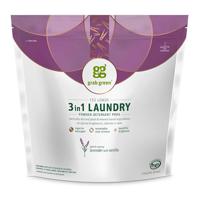 Grab Green 3-in-1 Laundry Detergent Pods 132 Count Lavender Vanilla Scent Plant and Mineral Based Superior Cleaning Power