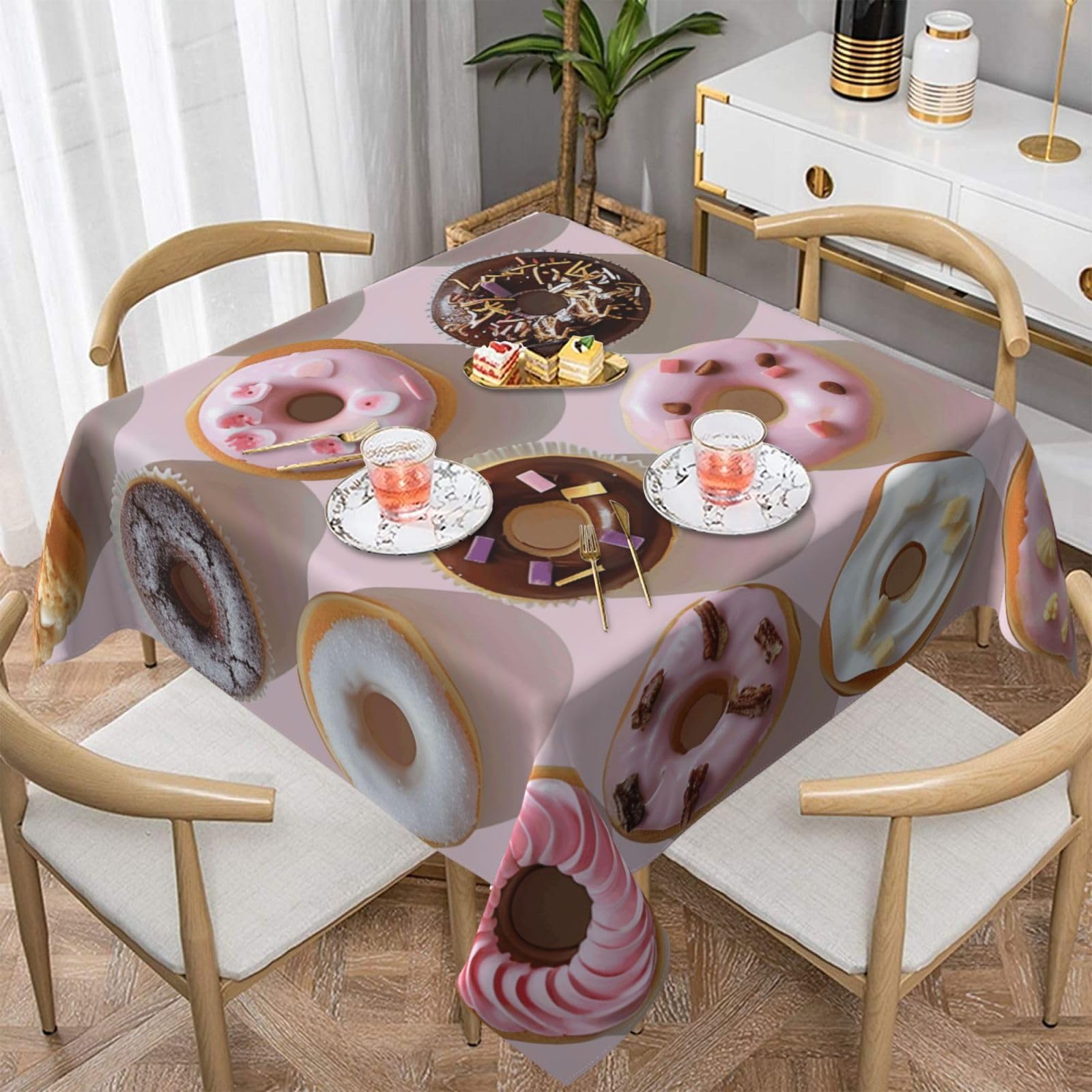 WPKJU Cupcakes Donuts Muffins Sugar Printed Square Tablecloth 54x54 inch Water Resistant Table Cover Washable Rectangle Table Cloth for Dining Tables
