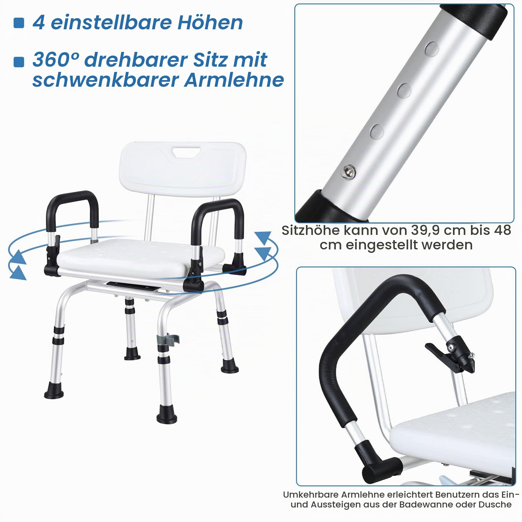 NArra 360° Drehbarer Duschhocker, Höhenverstellbarer Duschstuhl mit Rückenlehne Armlehne, Sitzhocker Belastbar bis 180kg mit rutschfesten Fußpolstern, Badestuhl für Schwangere, Ältere, Behinderte