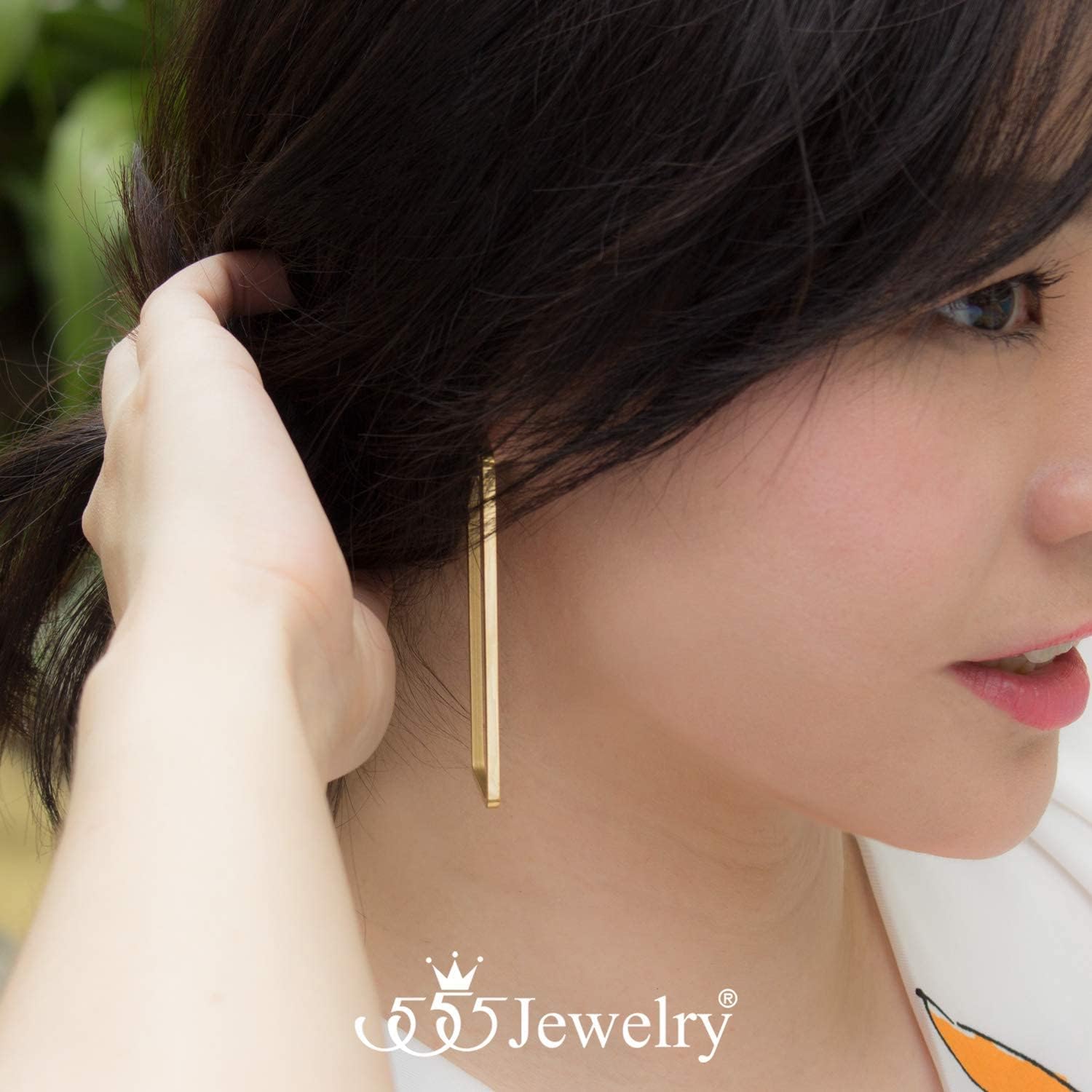 555Jewelry Stainless Steel Large Geometric Stud Hoop Rectangle Earrings for Women