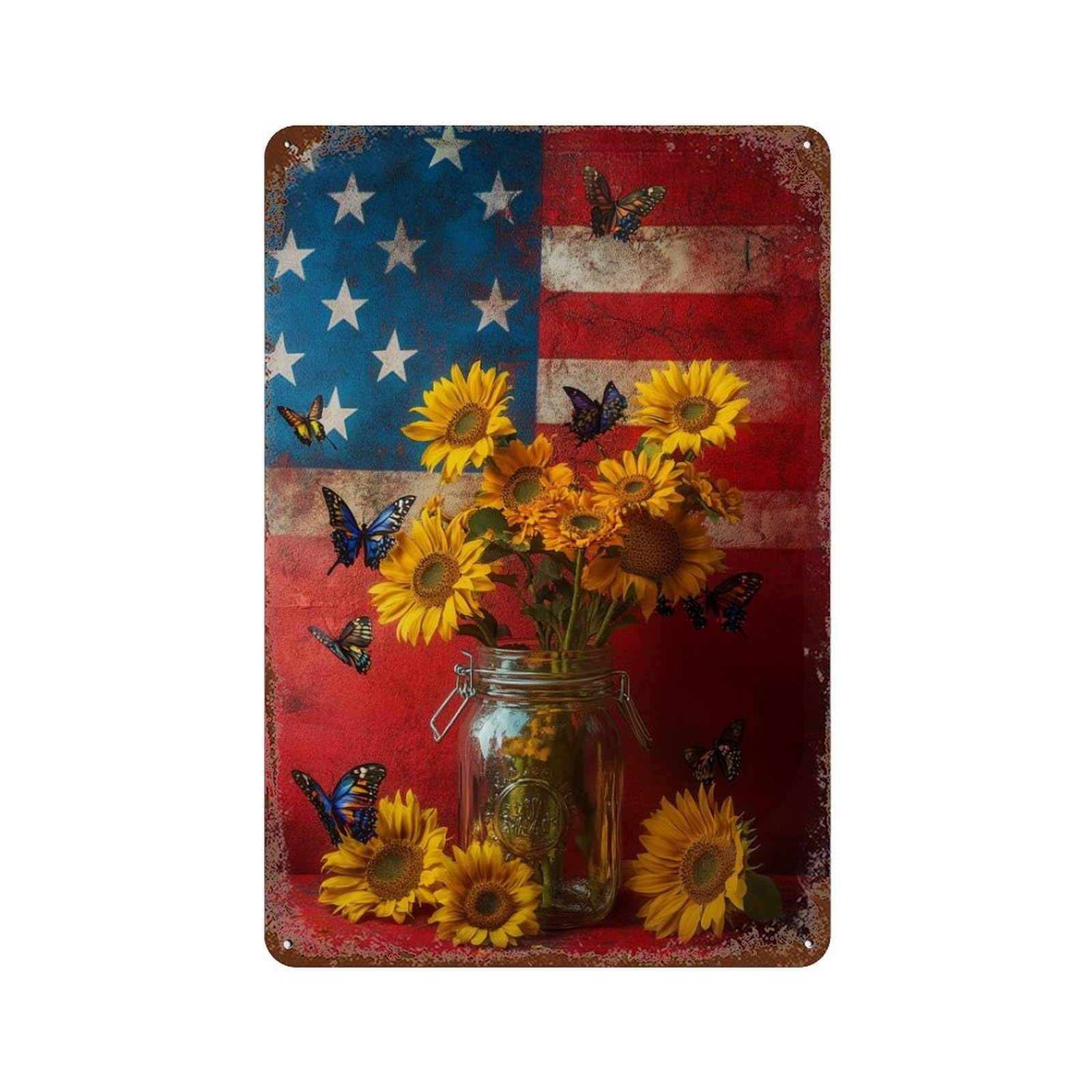 American Flag Sunflowers Butterflies 11.8"x7.9" Weathered Tin Sign, Rustic Home Decor for Living Room, Hallway And Home Decor