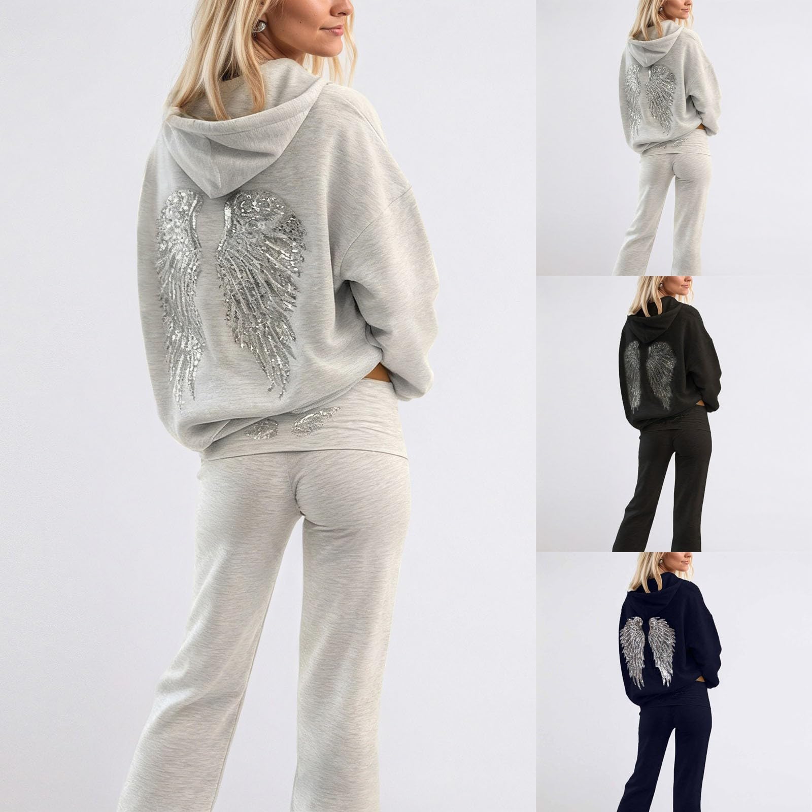 Generisch Tuta da jogging da donna, set di tuta da jogging con ali di angelo, con cappuccio e pantaloni da jogging in due pezzi, tinta unita, elegante e morbida tuta sportiva Y2k