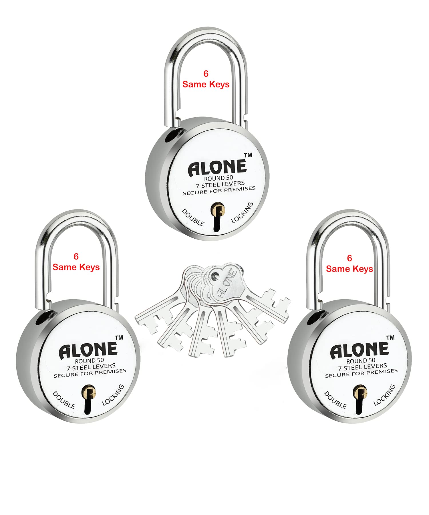 Alone Locks | Hard Shackle | Steel Body | Double Locking | Steel Levers Milled Keys | Lock and Keys for Home Door Gate Shop | Made in India | Door Padlock (6 Same Keys 50mm 3 Padlocks)-image-21