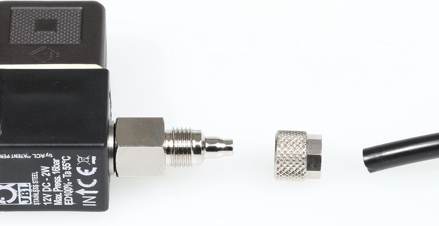 Close-up of the JBL PROFLORA CO2 VALVE connection point, showing a metal fitting and a loose clamping nut next to a CO2 hose.
