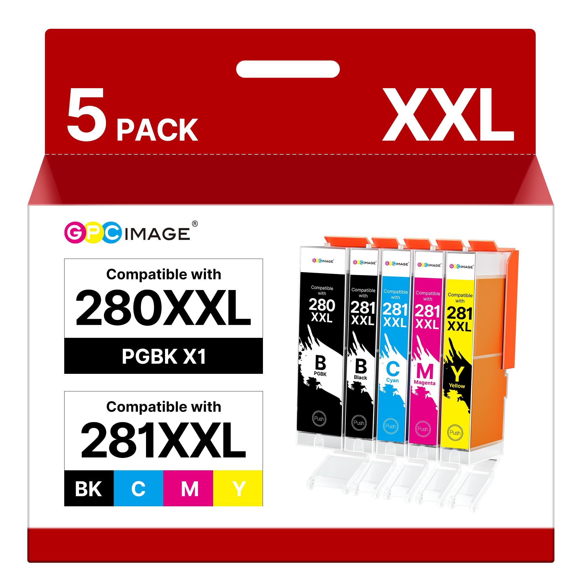 GPC Image Compatible Ink Cartridge Replacement for Canon PGI-280XXL CLI-281XXL PGI 280 CLI 281 Compatible with PIXMA TS6120 TS6220 TR7520 TR8520 TS8120 TS8220 TS9120 TS9520 Printer Tray(5 Pack)