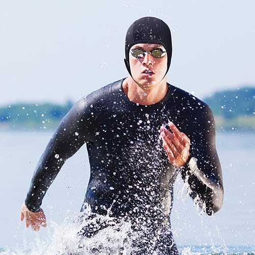 Miniatura 12 de Jecery 2 unidades de neopreno para buceo con capucha térmica, gorro de natación con correas para la barbilla, gorro de neopreno para esnórquel, Negro