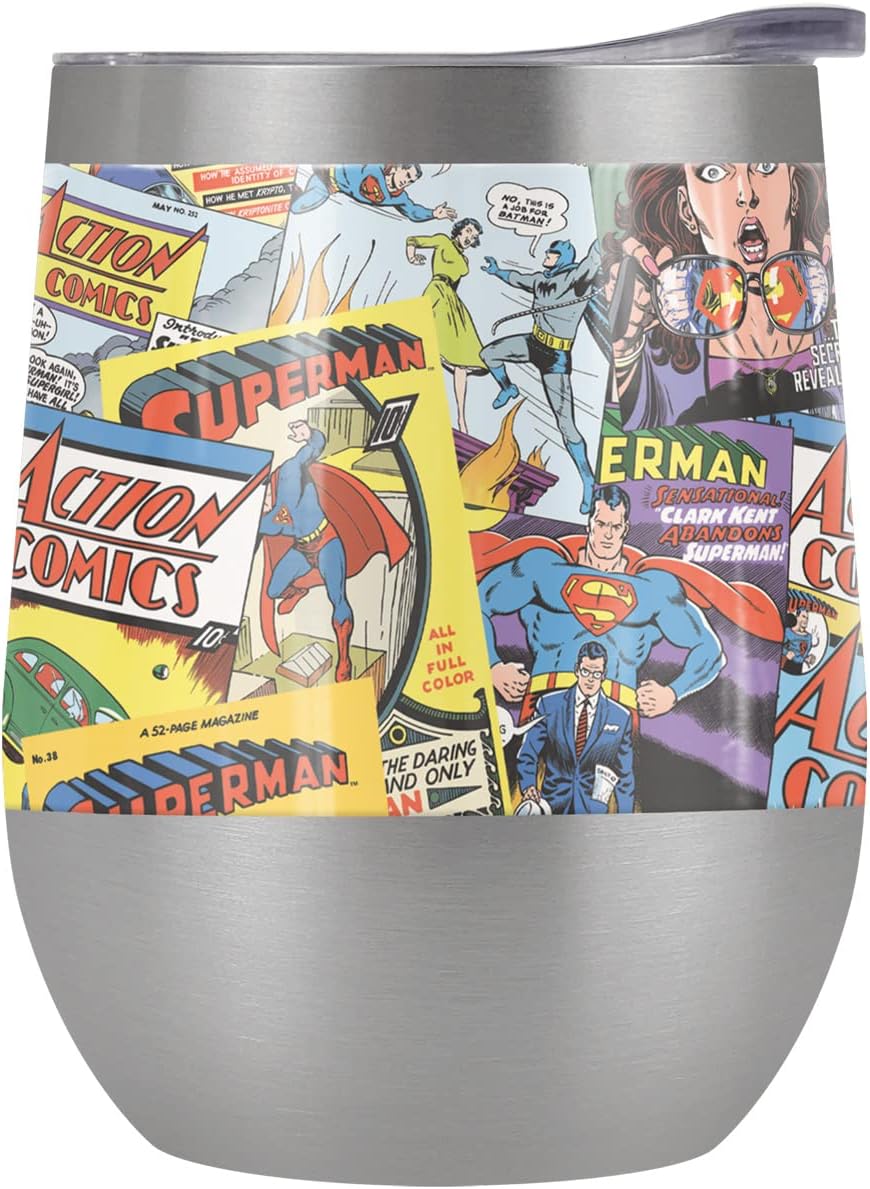Superman OFFICIAL Comic Covers 12 OZ Stemless Wine Tumbler, Stainless Steel Travel Cup|Lake Tumbler|Insulated with Leak Resistant Slide-Lock Lid, White