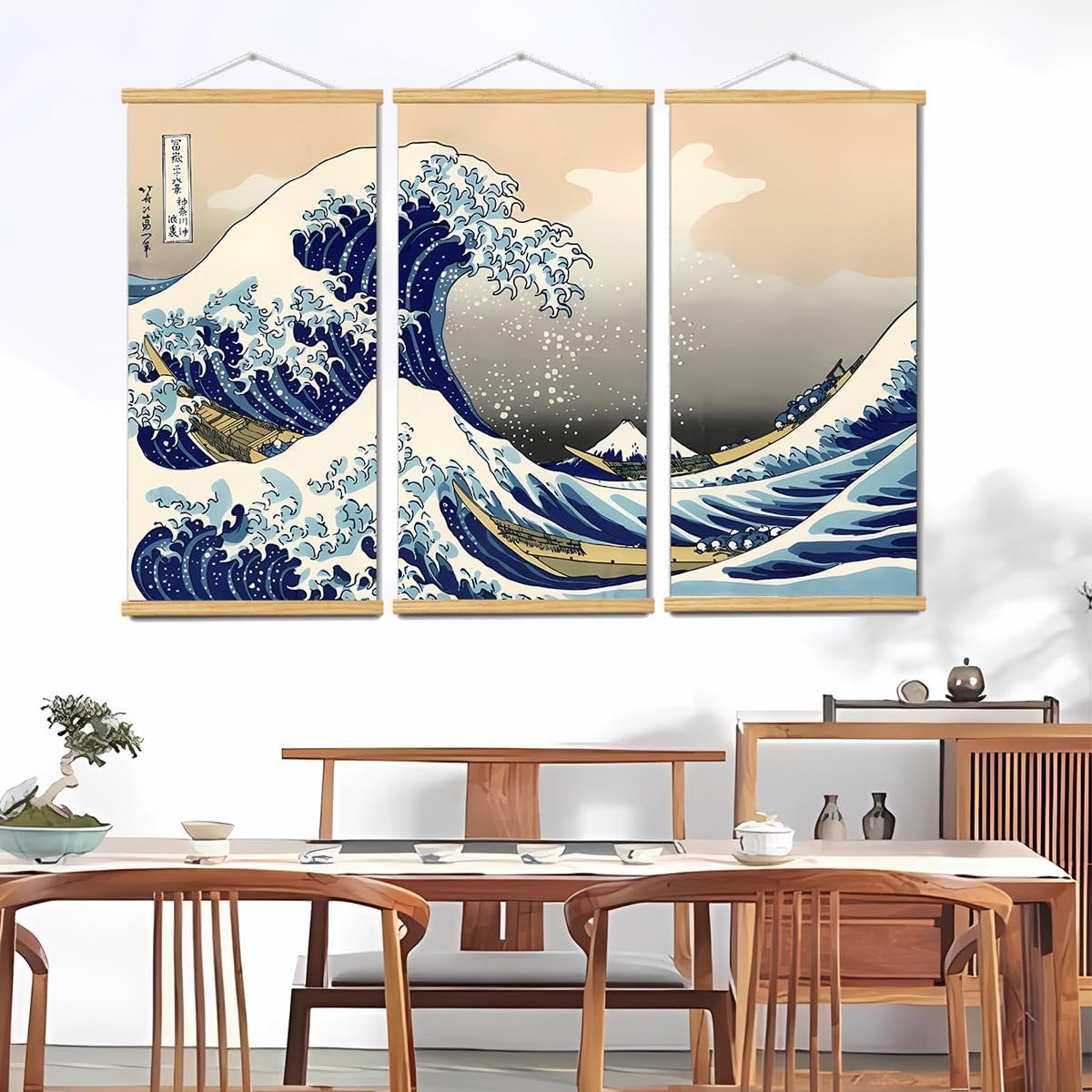 3pcs Canvas Wall Art with Frames, Large Japanese Traditional Art The Great Wave Off Kanagawa Decor Posters Landscape for Office Home Decor Bedroom Living Room Wall Decor, 16 * 31in