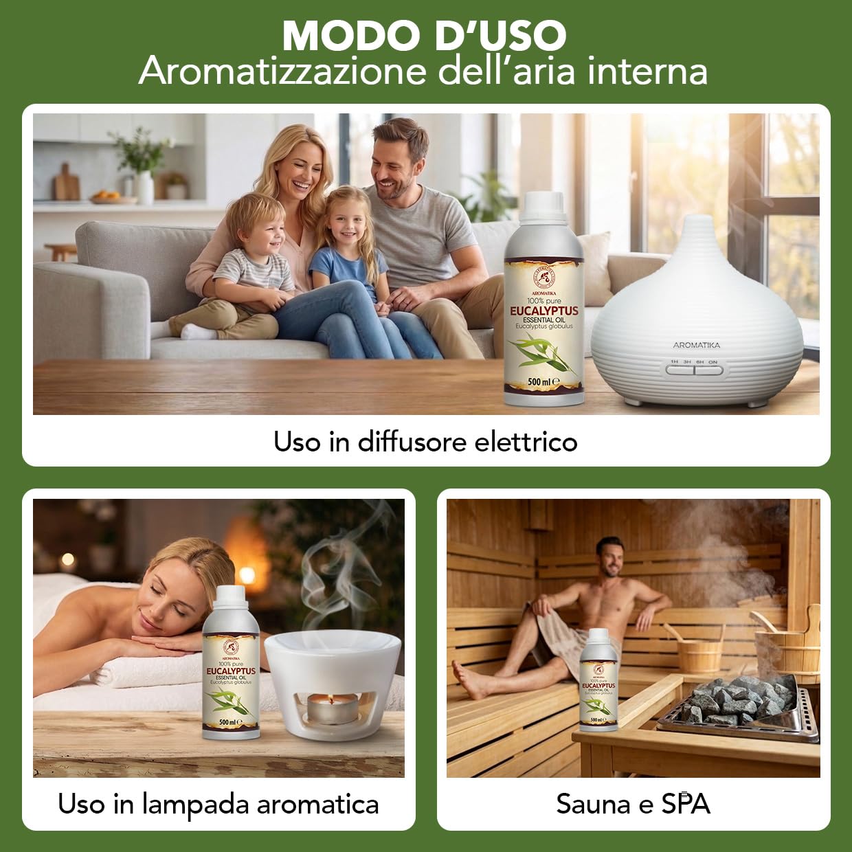 Olio Essenziale di Eucalipto 500 ml - Eucalyptus Globulus - Naturale e Puro - Olio essenziali per Diffusori - Profumi per la Casa - Saponi e Candele - Sauna - Aroma Eucalipto - Aromaterapia