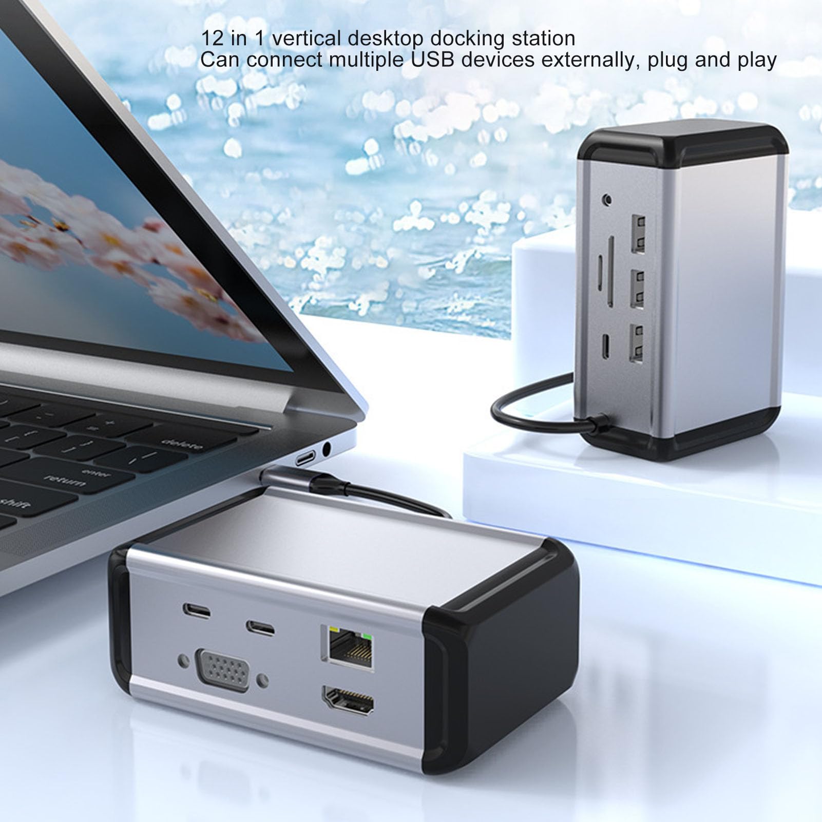 Hub USB C 12 in 1 Docking station in lega di alluminio, hub di tipo C con porte VGA PD RJ45 USB 3.0, docking station desktop verticale per computer portatile, display Ultra HD 4K