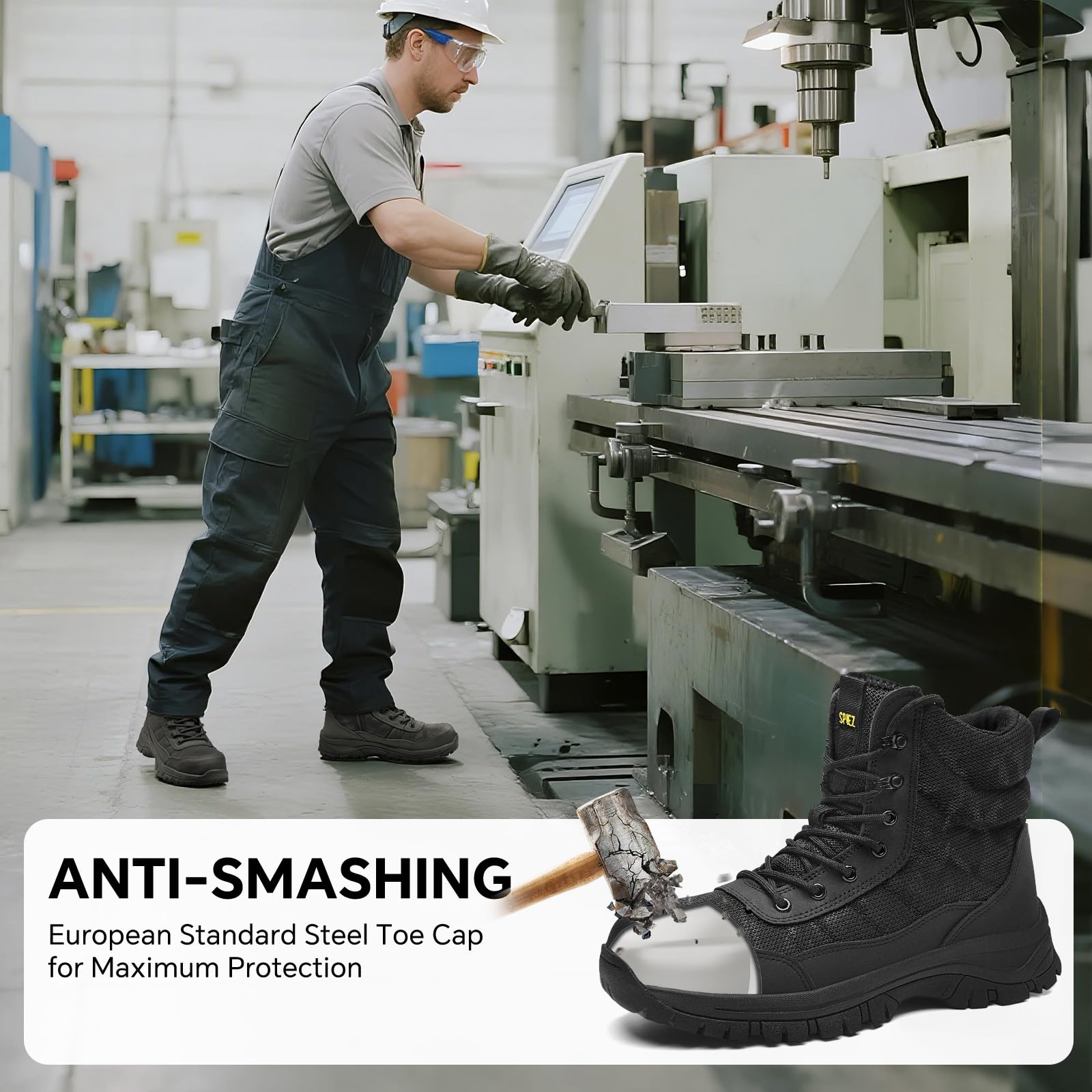 SPIEZ Chaussures de sécurité homme avec embout en acier, semelle antidérapante et anti-perforation, fermeture éclair latérale & légères pour le bâtiment et l’industrie, tailles 40–46