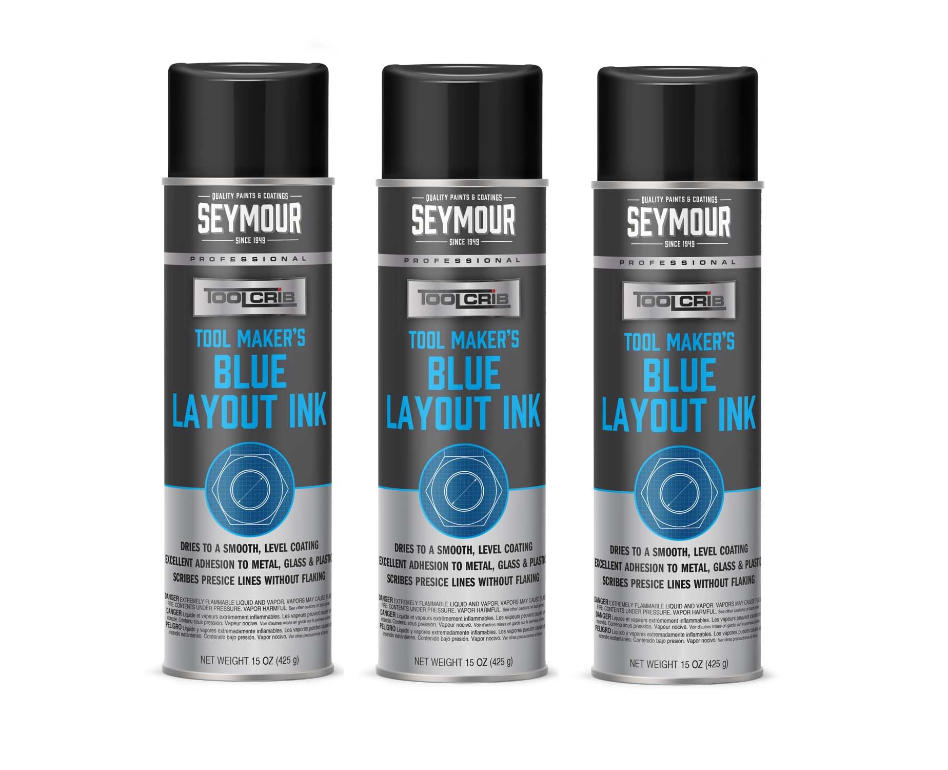 620-1558 Seymour Tool-Crib Blue Layout Ink Spray (15 oz, 3-Pack) | Professional Scribing Coating for Tool & Die Makers, Metal, Glass & Plastic