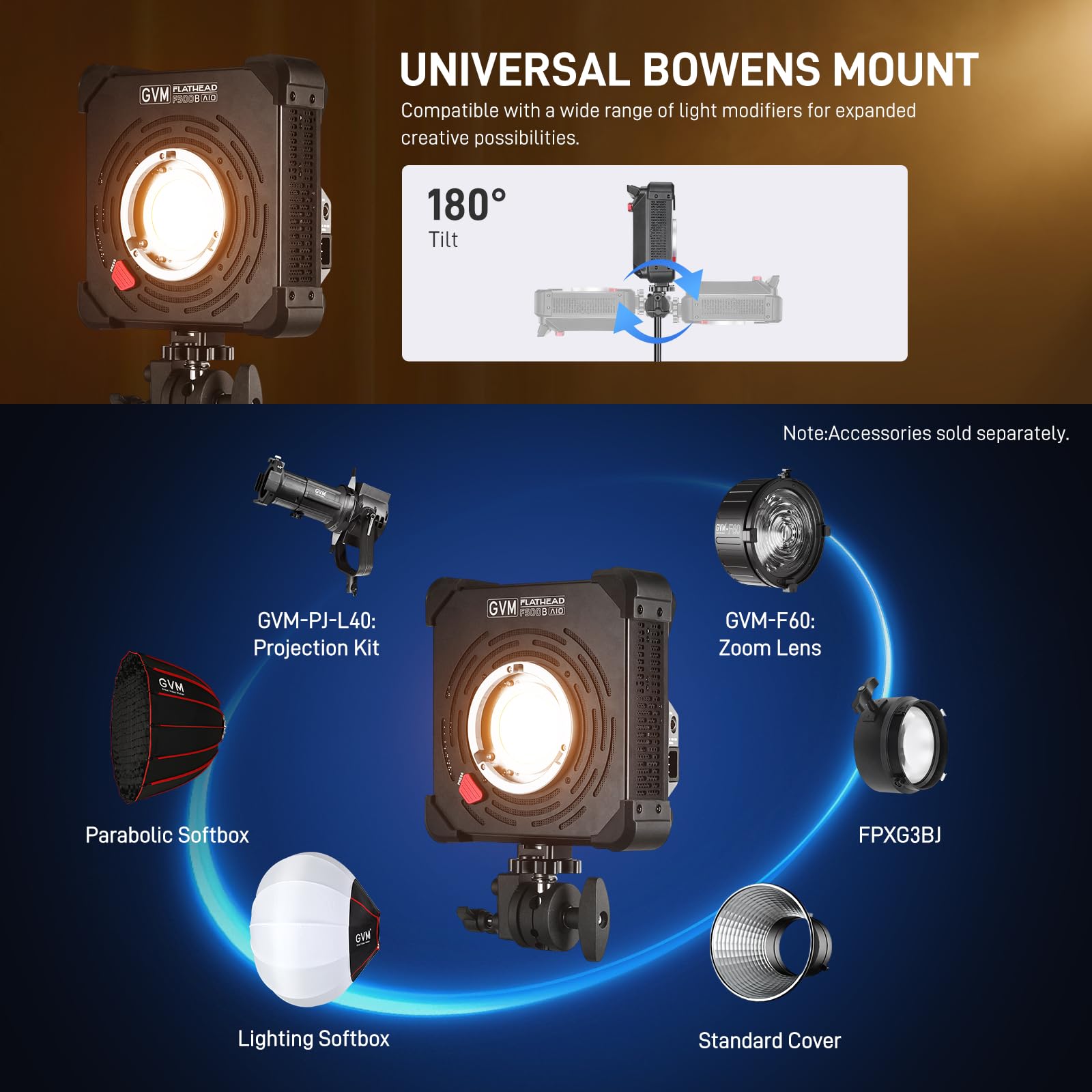 GVM F500B AIO - Luz de video LED bicolor de 500 W, luz de estudio COB con control APP/DMX, montaje Bowens, 2700K-6800K 26000lux/1m CRI97+, iluminación de salida continua para fotografía y producción