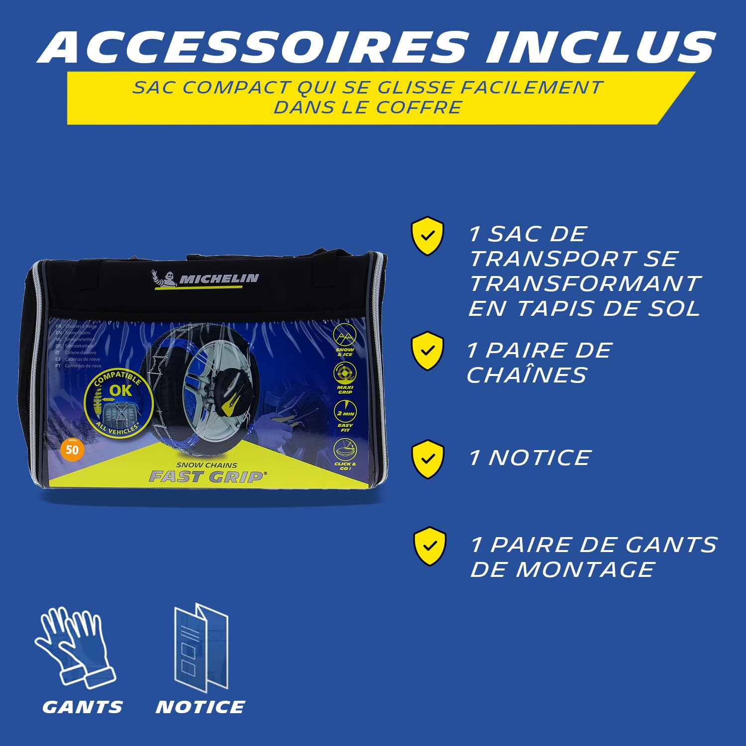 MICHELIN FAST GRIP Chaînes à neige à Montage Frontale n°130 - Véhicules Non Chaînables - Compatibles Systèmes ABS ESP - Tension Automatique - Montage en 2 Min - Adhérence Optimale sur Neige Verglas