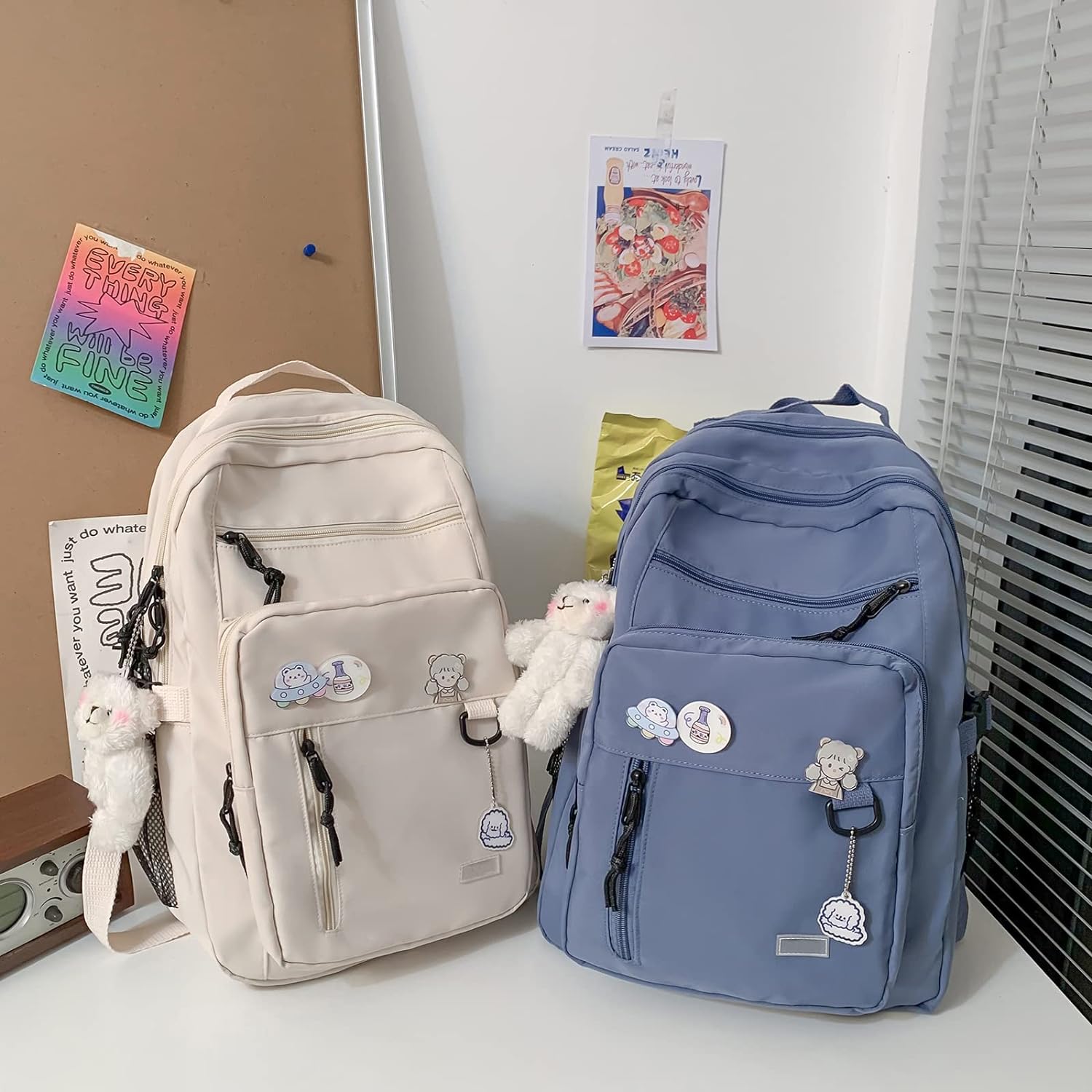 GAXOS Cute Aesthetic Backpack for School Middle Student Travel Blue Backpack Teens Girls Bear Pin Book Bags - Image 4