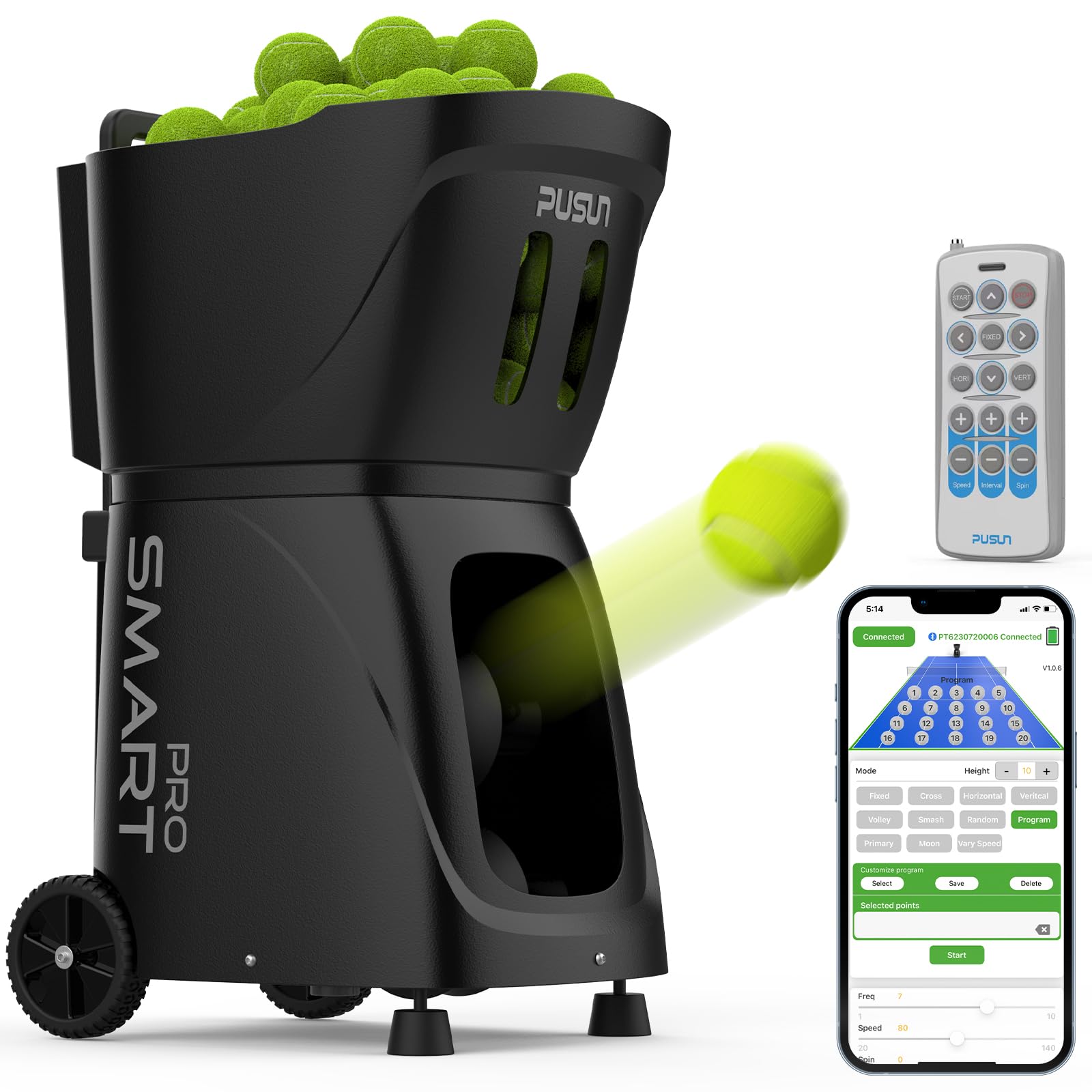 PUSUN PT-Smart PRO Portable Tennis Ball Machine for Outdoor Sports – High Capacity, App/Remote Control, 1.8-8s Serve Frequency, – Ideal for Tennis Beginners, Training, Club & Pro Competition