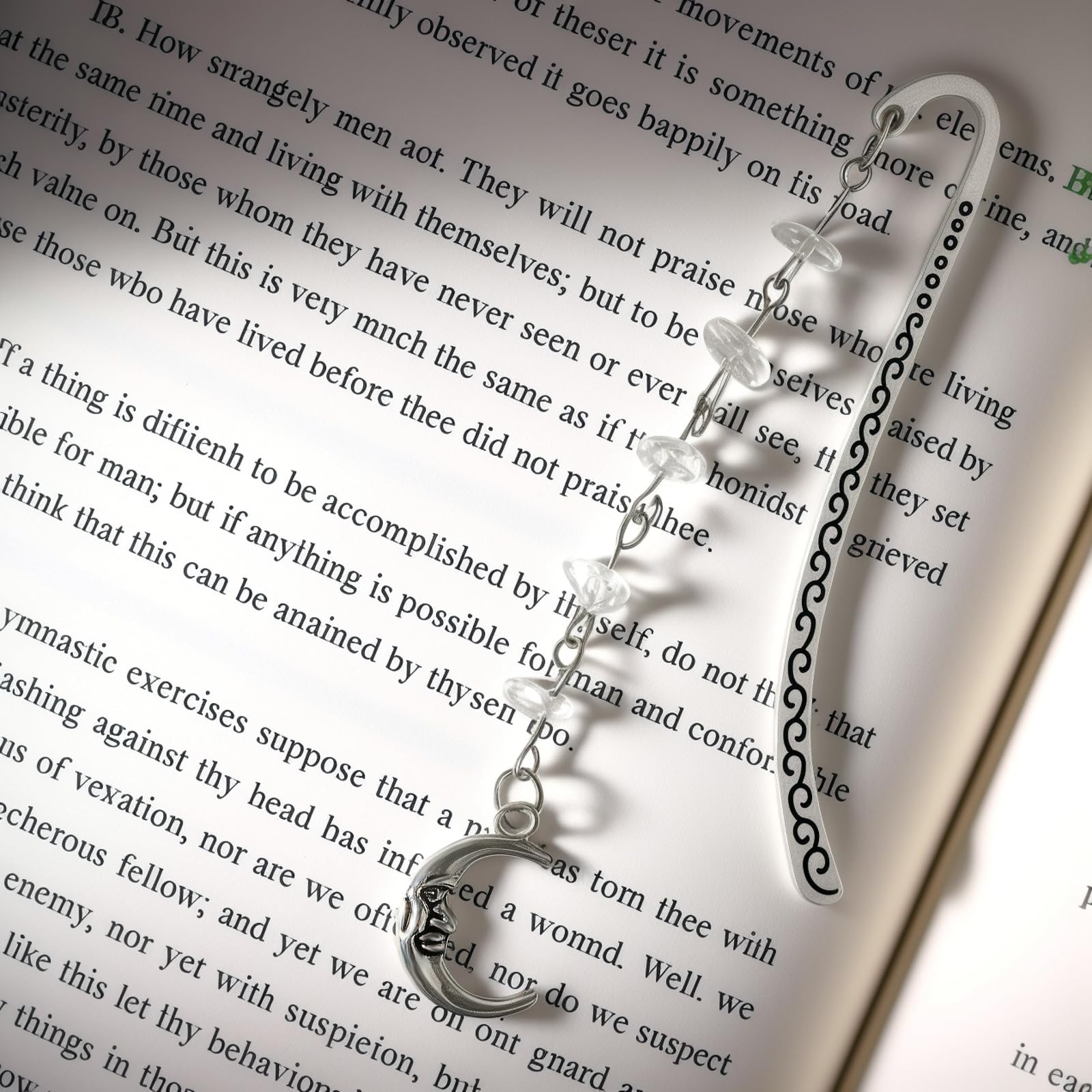 Pyotivol Vintage Witchy Moon Gold Metal Hook Pendant Bookmark with Clear Quartz Crystal Chain,Handmade White Quartz Bookmarks for Reading Women,Men,