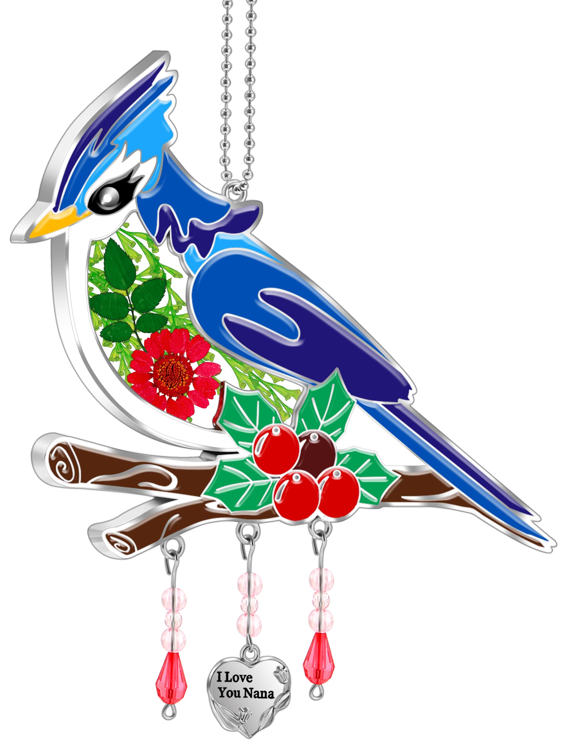 KY&BOSAM Bluebird Nana Suncatchers Handmade Sun Catcher for Windows with Real Dried and Pressed Flowers Heart Charm Engraved with I Love You Nana Gifts for Nana Mother`s Day Birthday