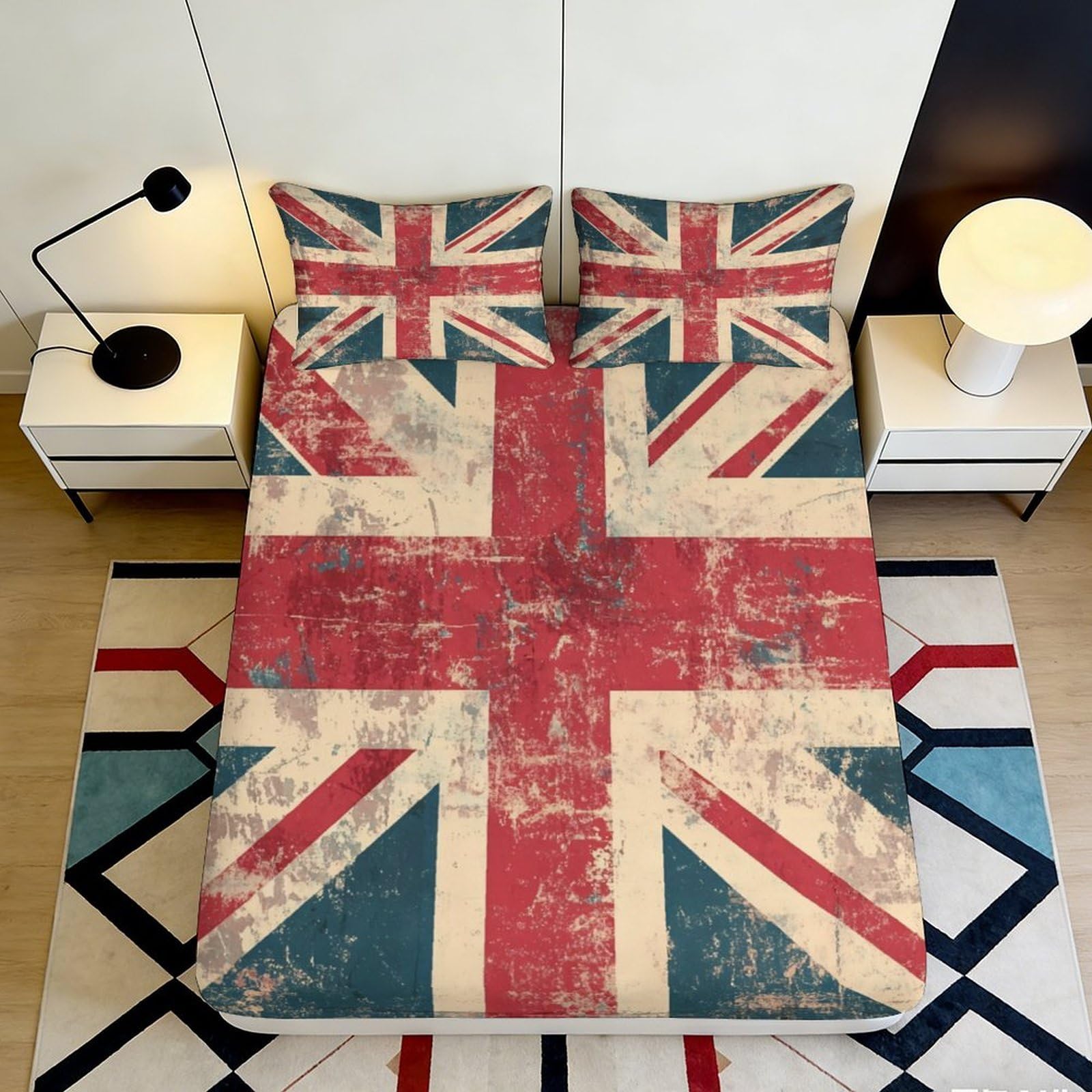 3D Printed British Flag Fitted Sheet Microfiber Deep Pocket Non-Slip Union Pattern Mattress Fitted Cover Full Wrap Washable 200x200x25cm 90x200x25cm