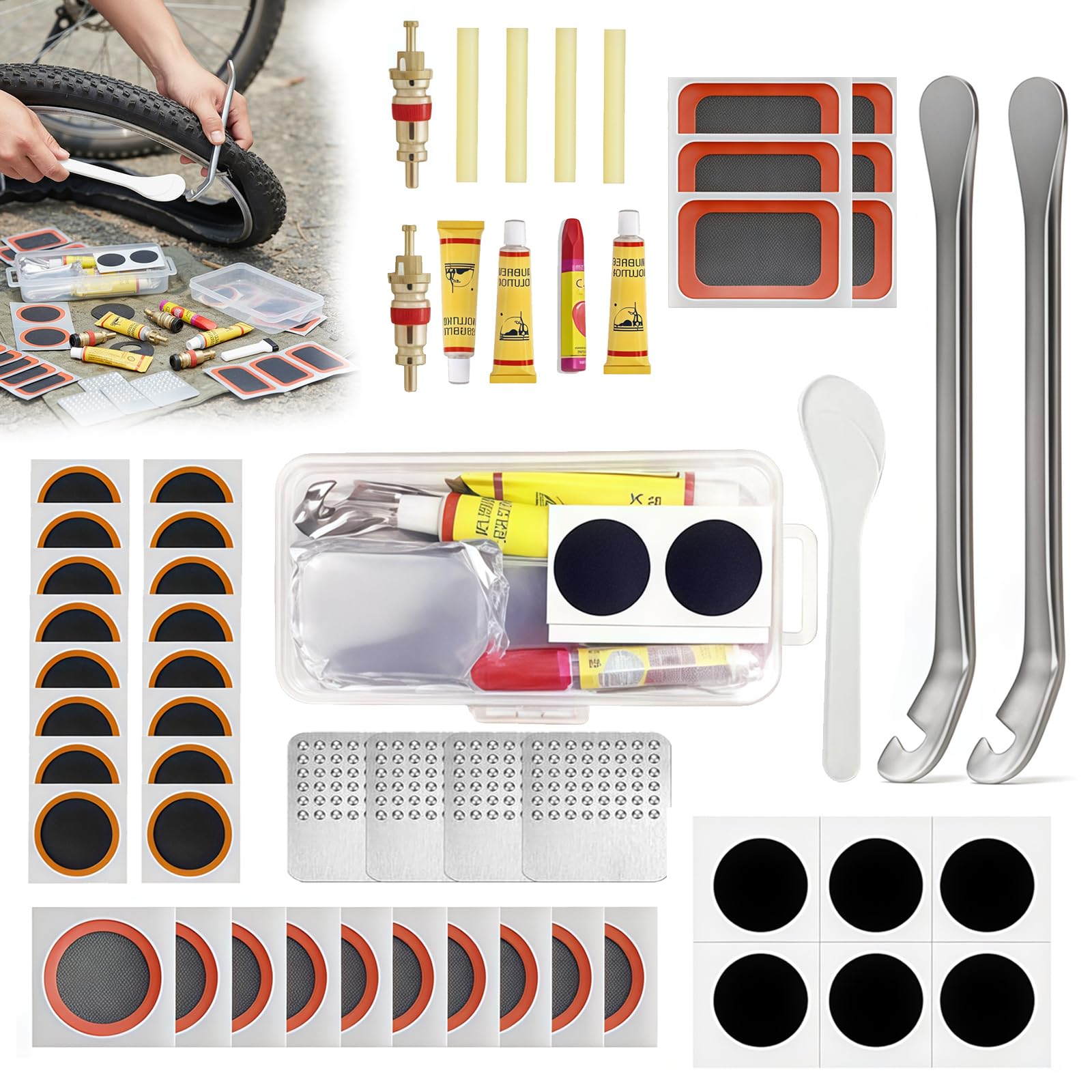 Probuk Fahrrad Reifen Flickzeug Set – Komplettes Reifenreparaturset mit Selbstklebenden & Kleber-Flicken,Reifenhebern,Ventilkernen und Aufbewahrungsbox,Tragbares Flickset für MTB,Rennrad,BMX&E-Bike