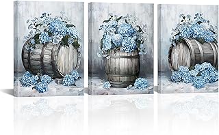 sechars Hydrangea Floral Wall Art Rustic Flower in Wooden Barrel Painting Art Prints Canvas Vintage Farmhouse Kitchen Wall Decor (Blue)