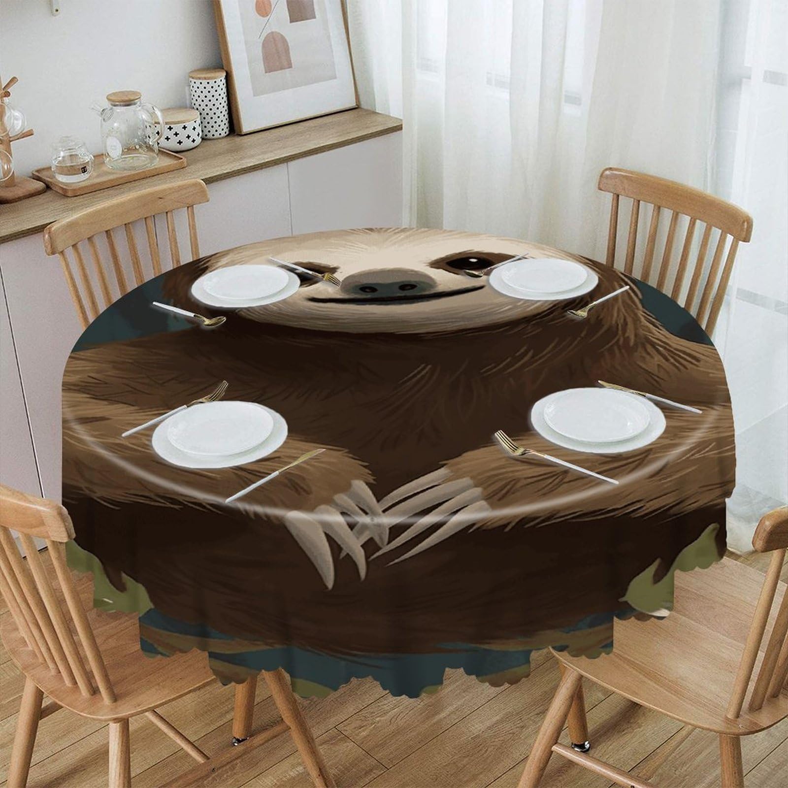 FekiLoot Sloth Round Tablecloth Waterproof Spill-Proof Wipeable Table Cloth Wrinkle Free Circle Dining Table Cover for Dining Kitchen Wedding Parties Machine Washable